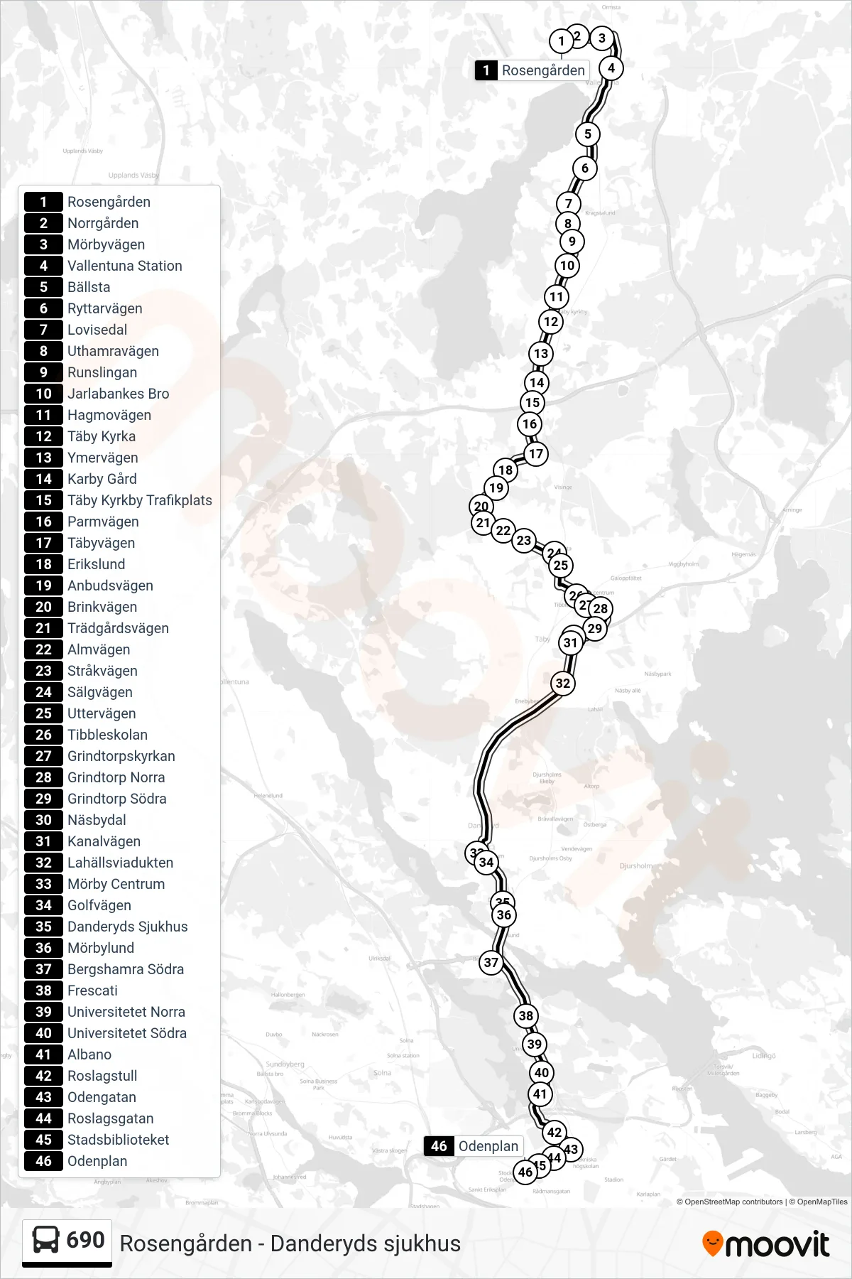 Rutt och hållplatser på karta för linje 690 buss, (Odenplan)