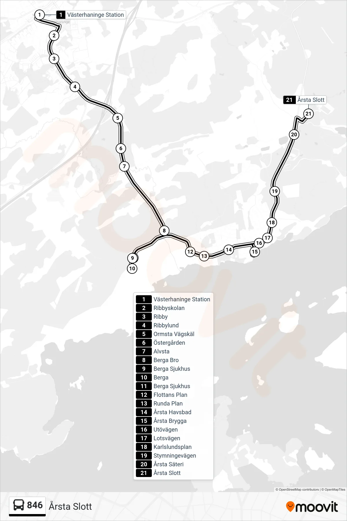 Rutt och hållplatser på karta för linje 846  buss, (Årsta Slott)