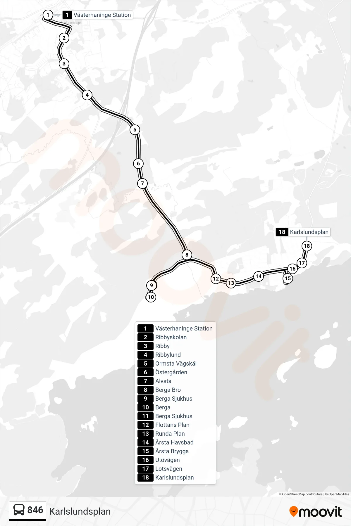 Rutt och hållplatser på karta för linje 846 buss, (Karlslundsplan)