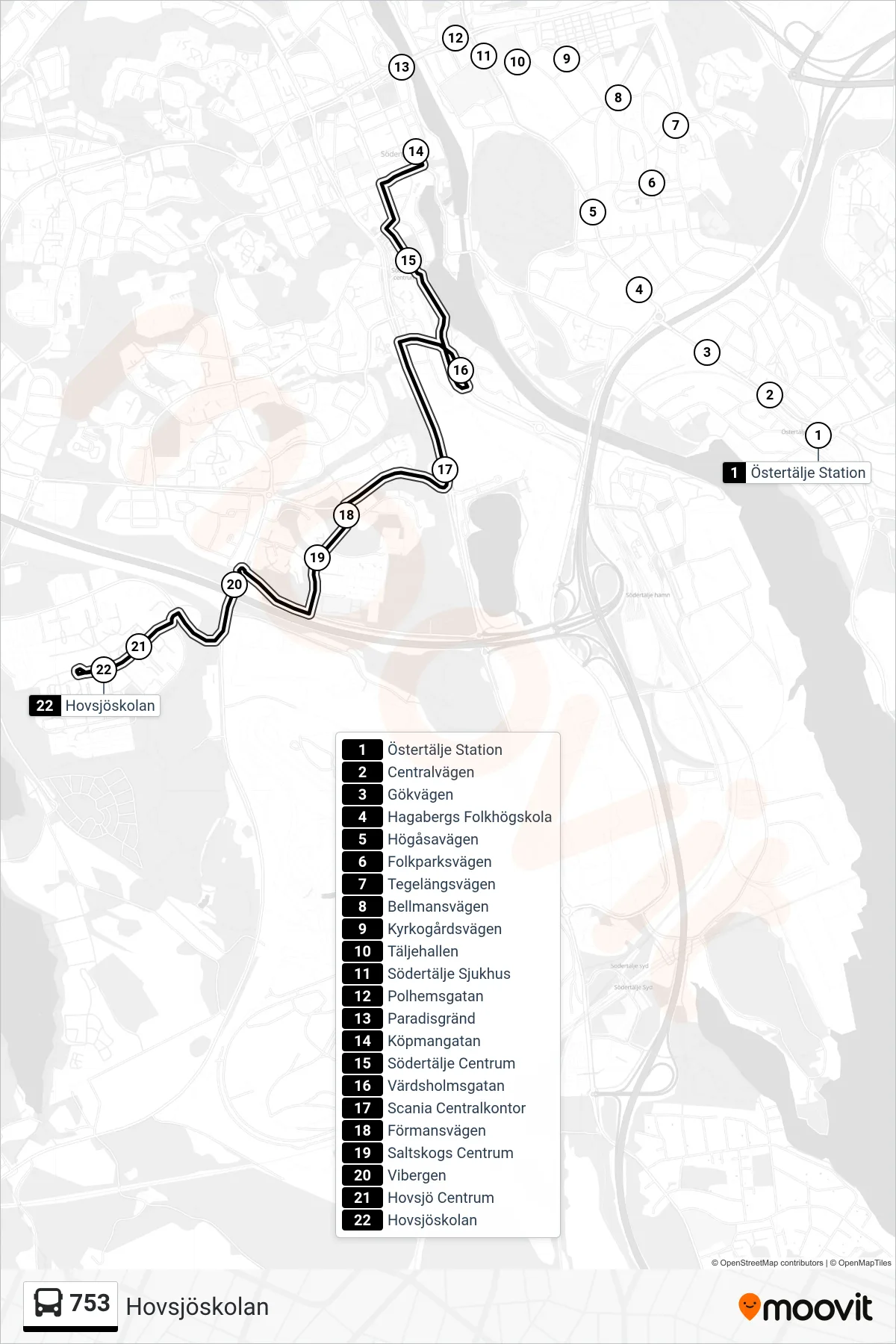 Rutt och hållplatser på karta för linje 753  buss, (Hovsjöskolan)