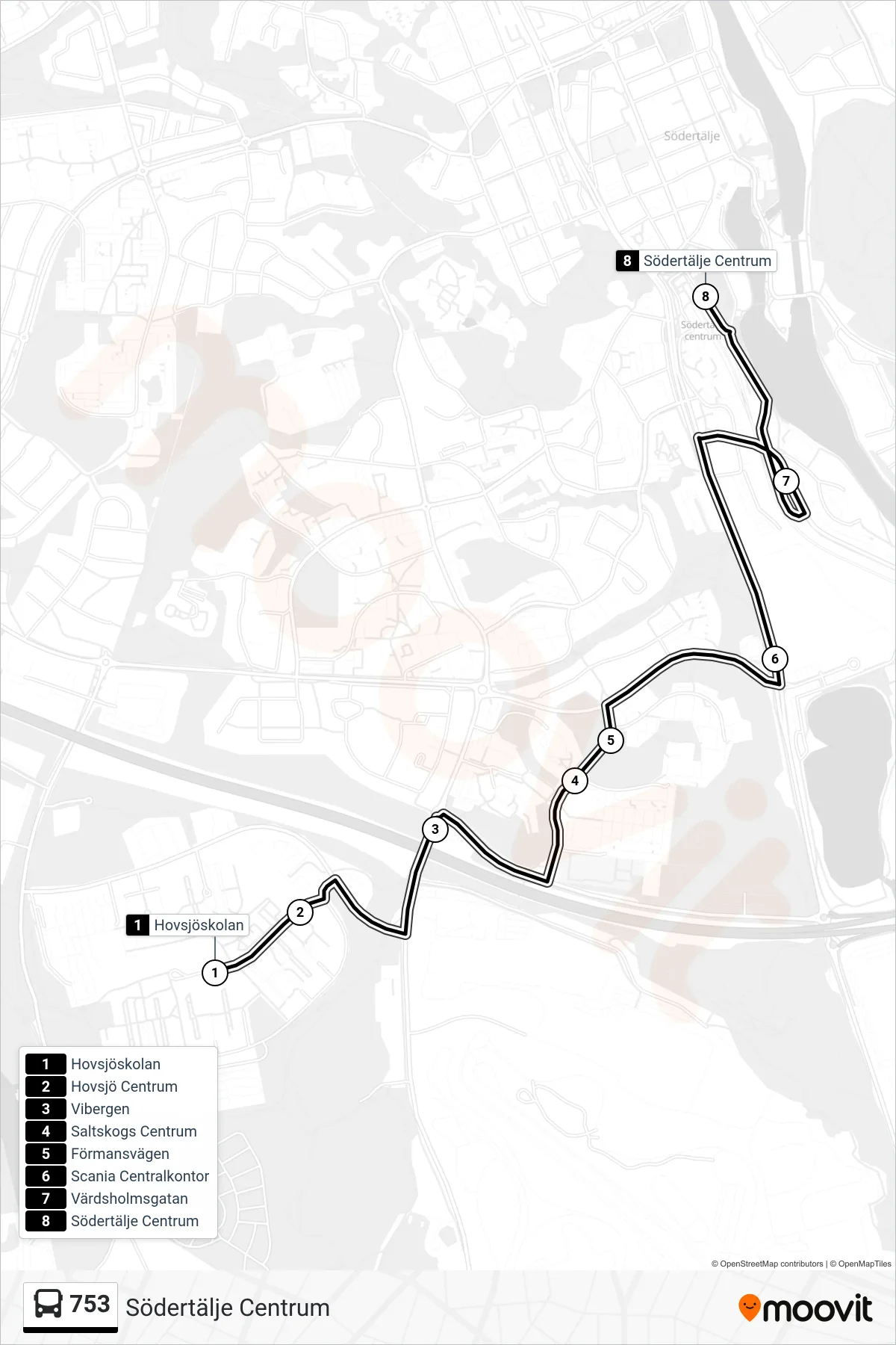Rutt och hållplatser på karta för linje 753  buss, (Södertälje Centrum)