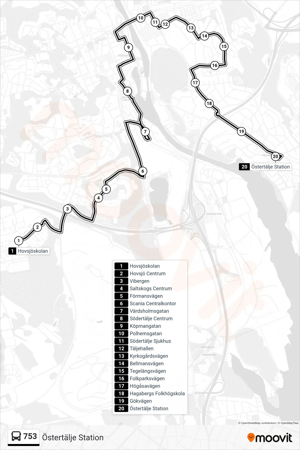 Rutt och hållplatser på karta för linje 753 buss, (Östertälje Station)