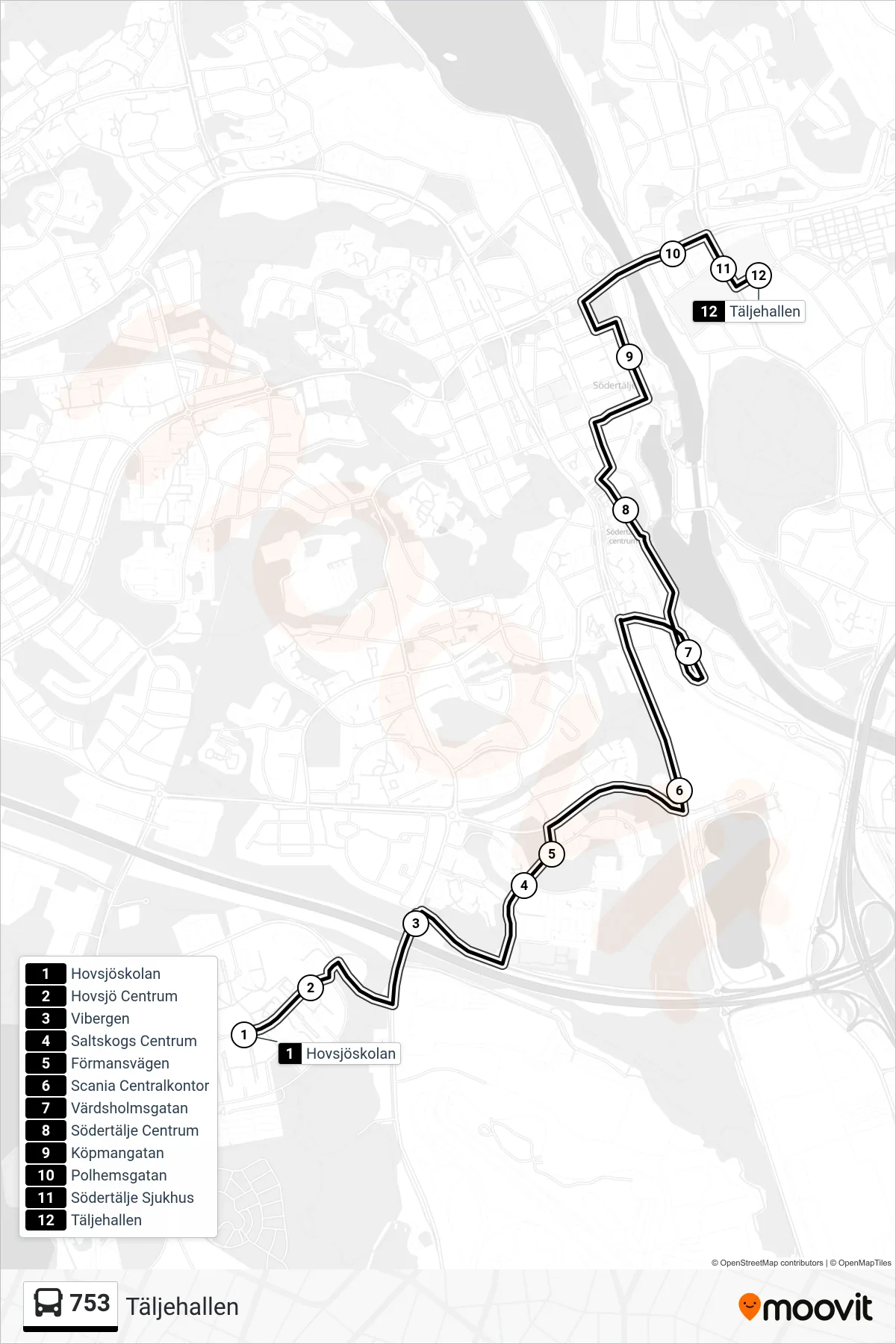 Rutt och hållplatser på karta för linje 753 buss, (Täljehallen)