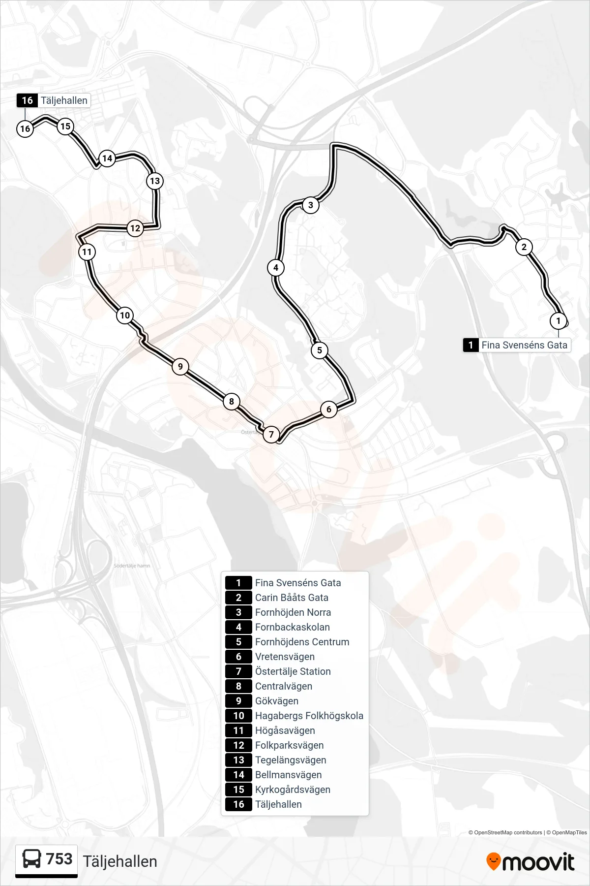Rutt och hållplatser på karta för linje 753 buss, (Täljehallen)