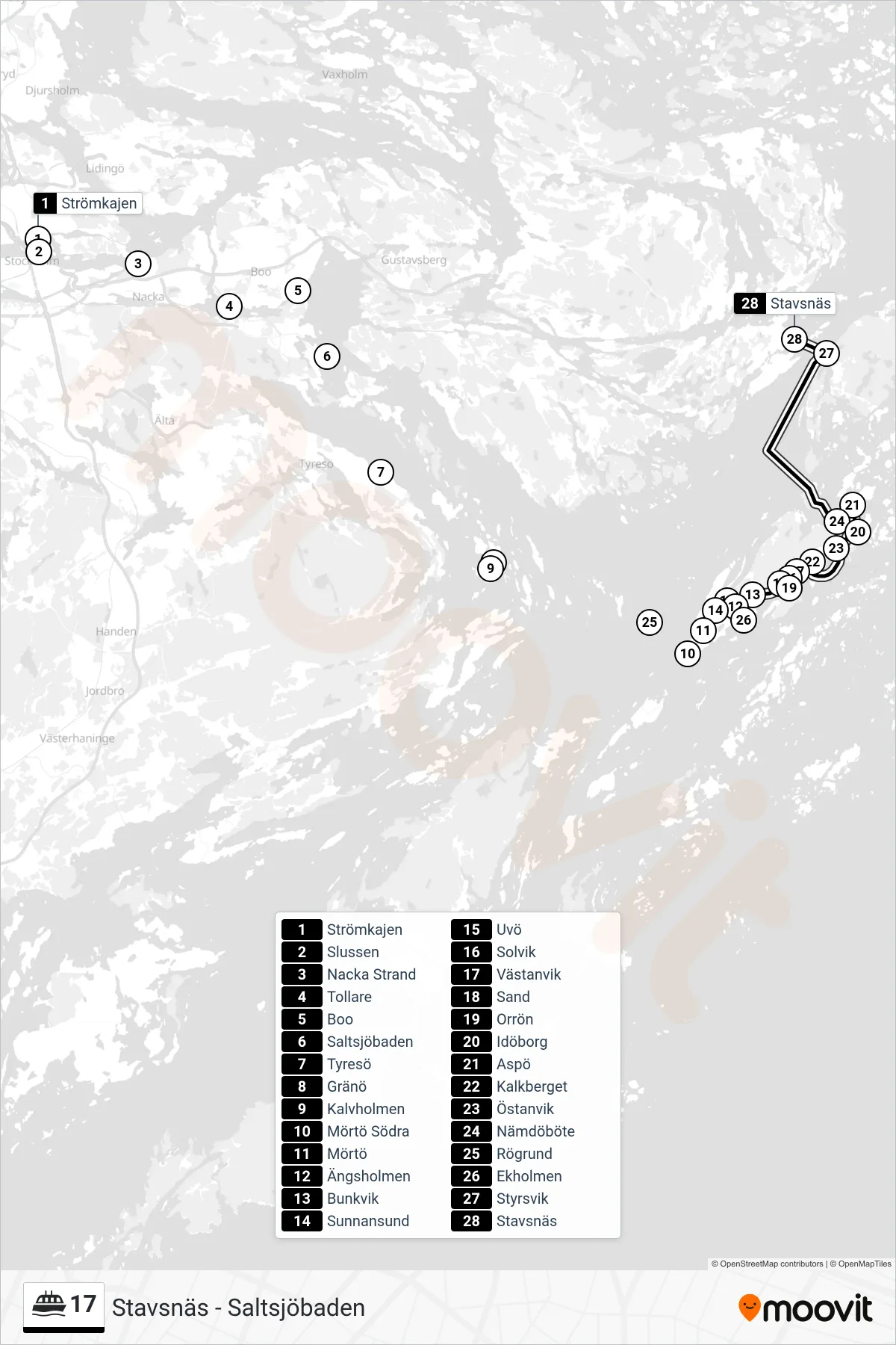 Rutt och hållplatser på karta för linje 17 färja, (Stavsnäs)