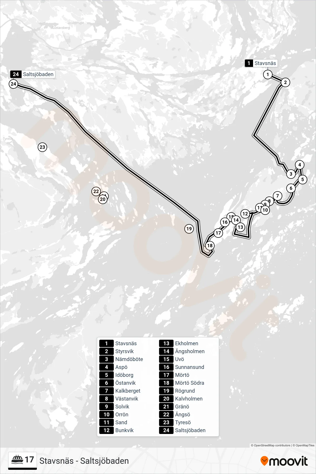 Rutt och hållplatser på karta för linje 17 färja, (Saltsjöbaden)