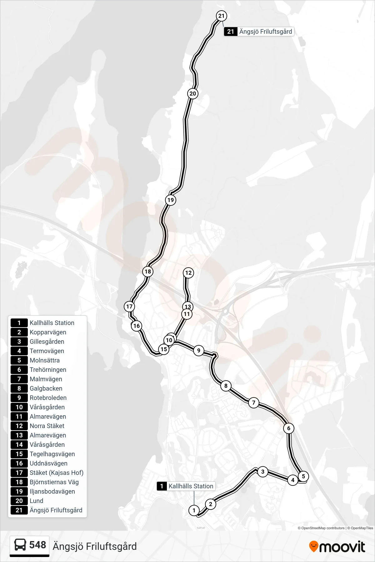 Rutt och hållplatser på karta för linje 548 buss, (Ängsjö Friluftsgård)