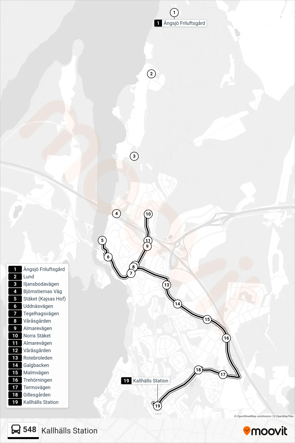 Rutt och hållplatser på karta för linje 548  buss, (Kallhälls Station)