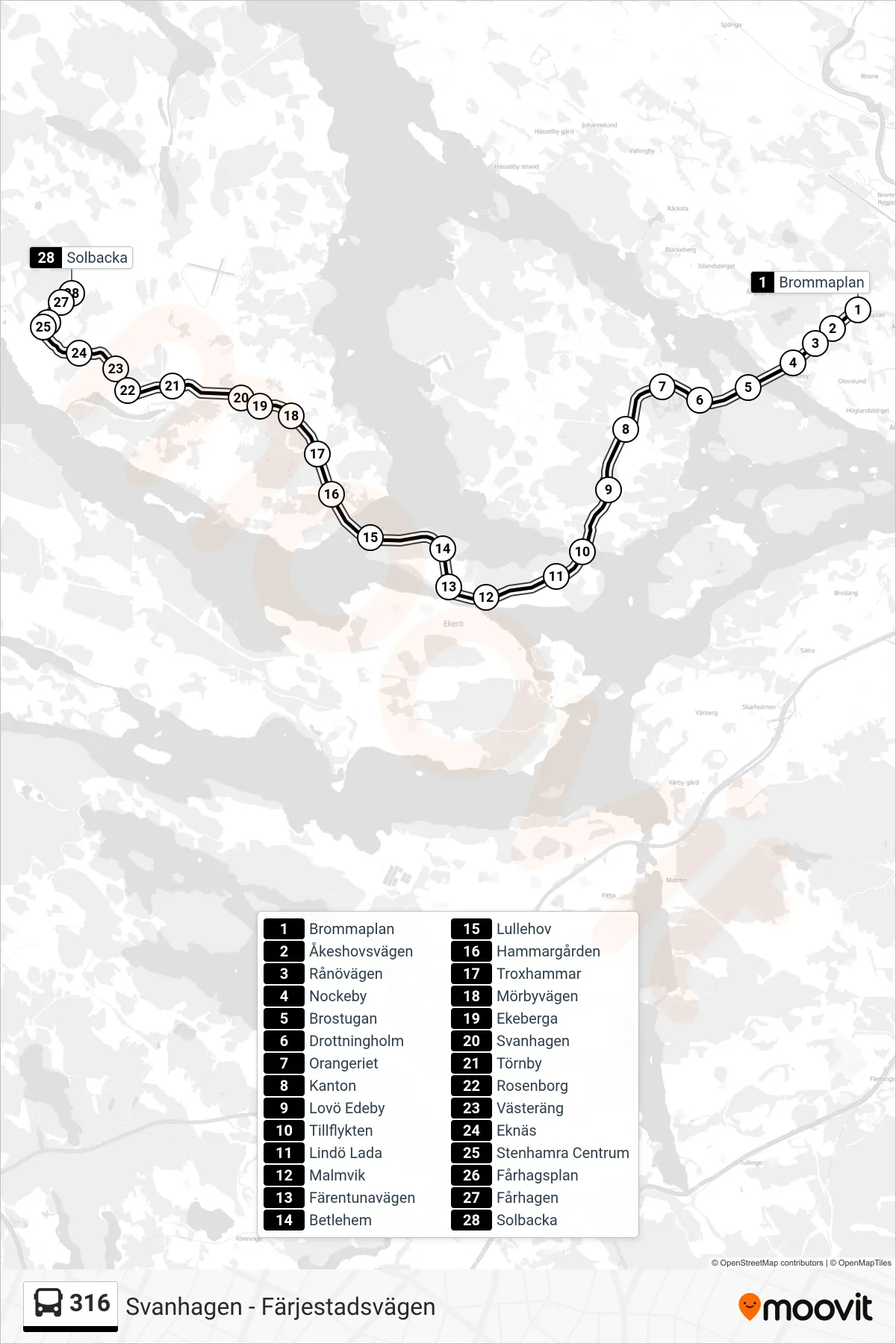 Rutt och hållplatser på karta för linje 316  buss, (Solbacka)