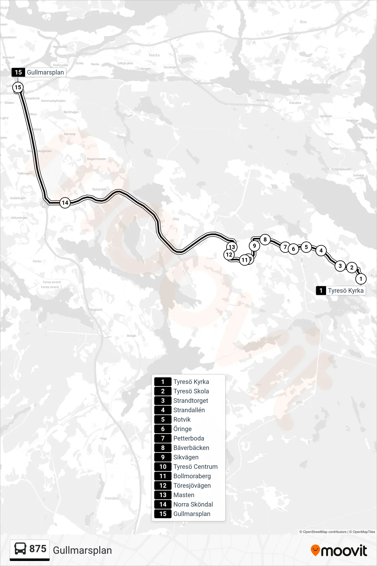 Rutt och hållplatser på karta för linje 875  buss, (Gullmarsplan)