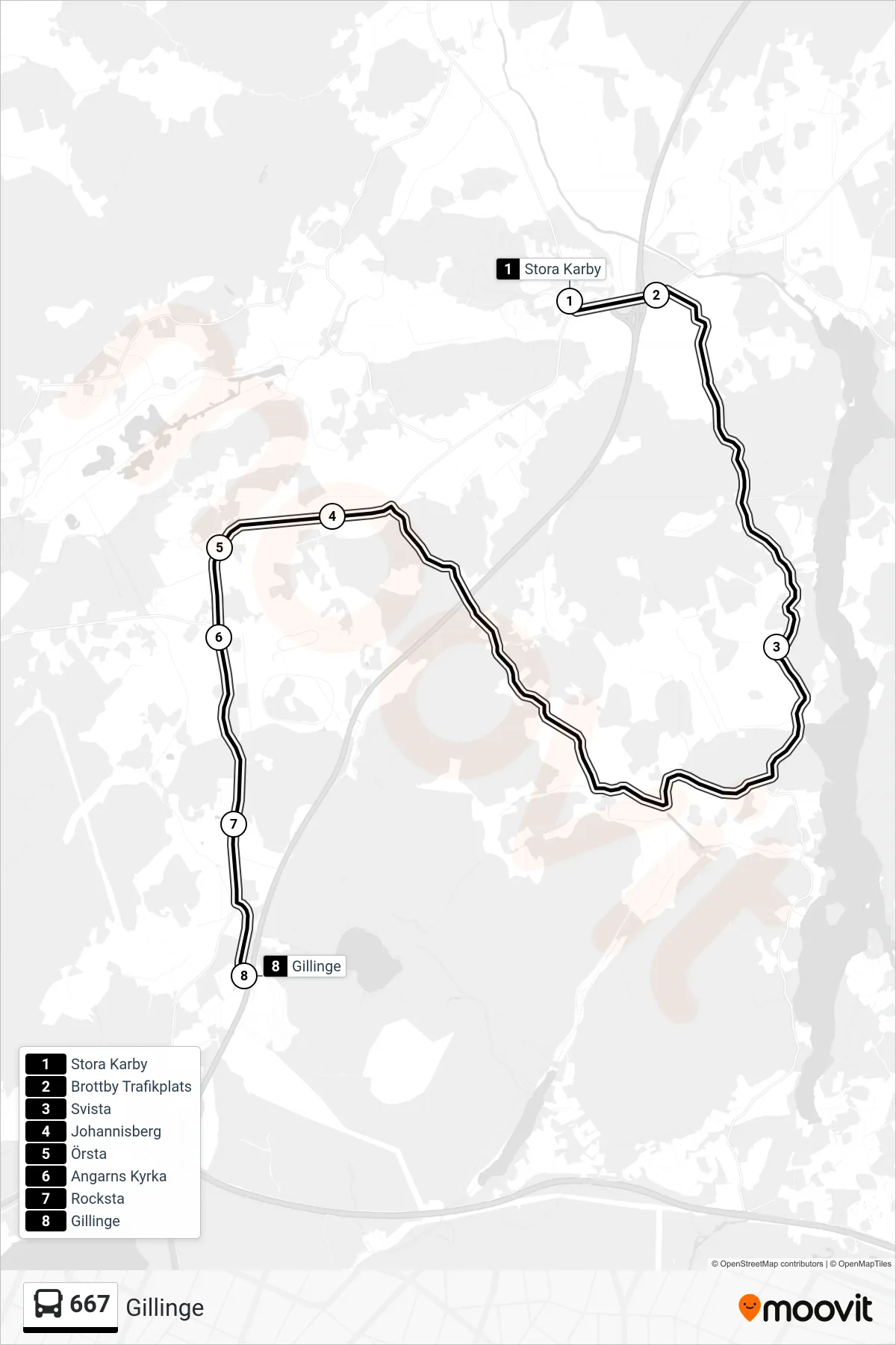 Rutt och hållplatser på karta för linje 667 buss, (Gillinge)