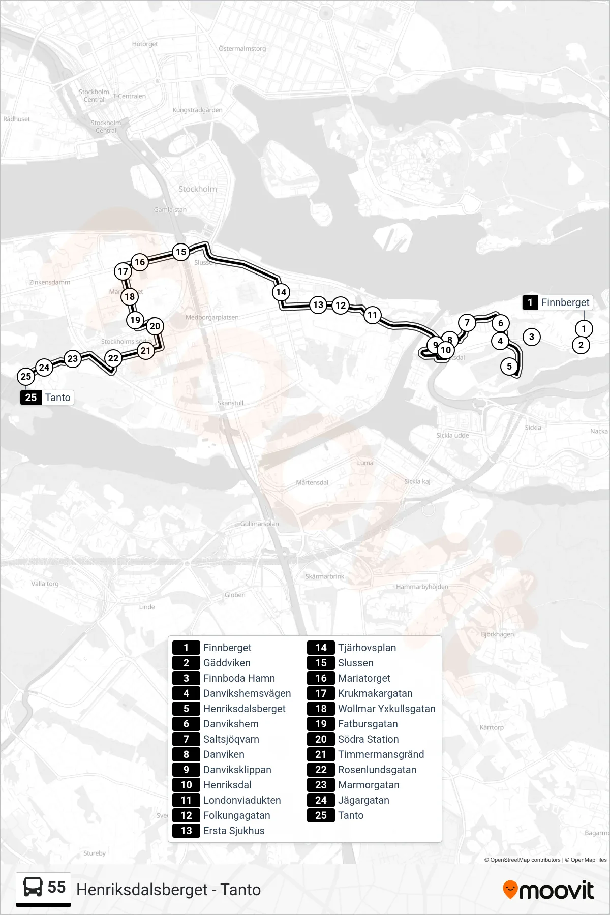 Rutt och hållplatser på karta för linje 55 buss, (Tanto)