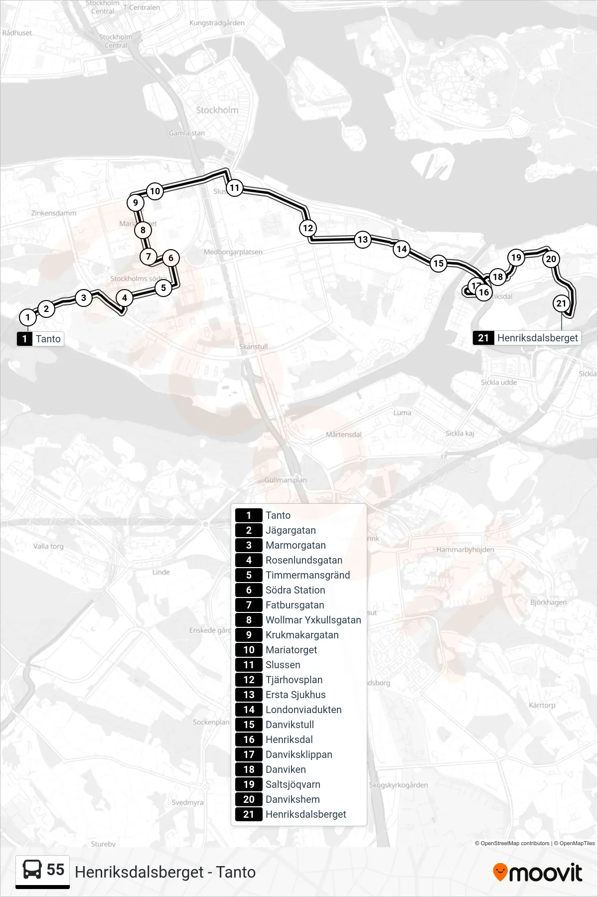 Rutt och hållplatser på karta för linje 55  buss, (Henriksdalsberget)