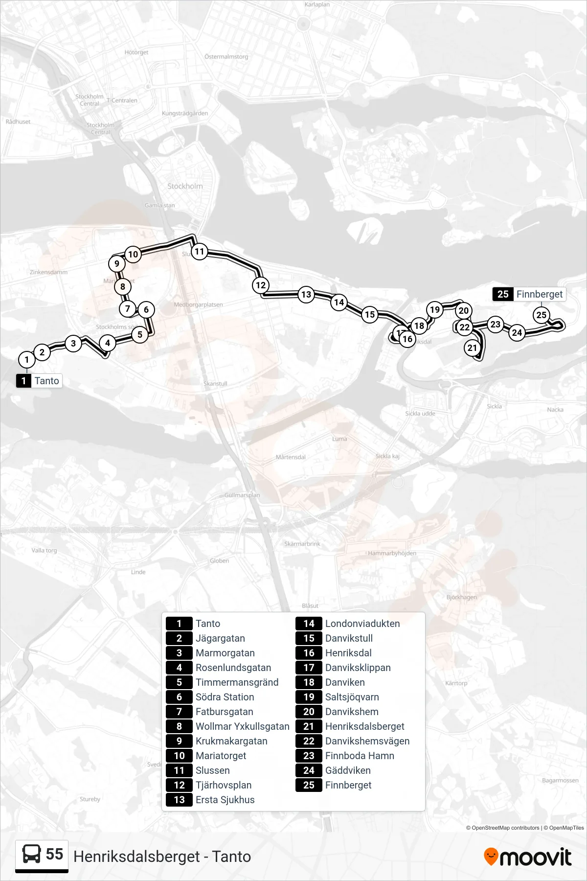 Rutt och hållplatser på karta för linje 55 buss, (Finnberget)