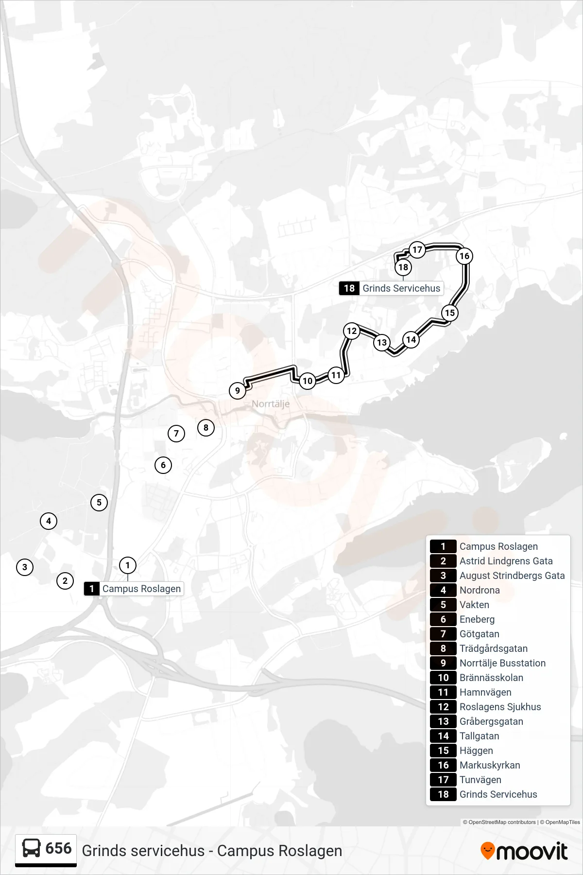 Rutt och hållplatser på karta för linje 656 buss, (Grinds Servicehus)