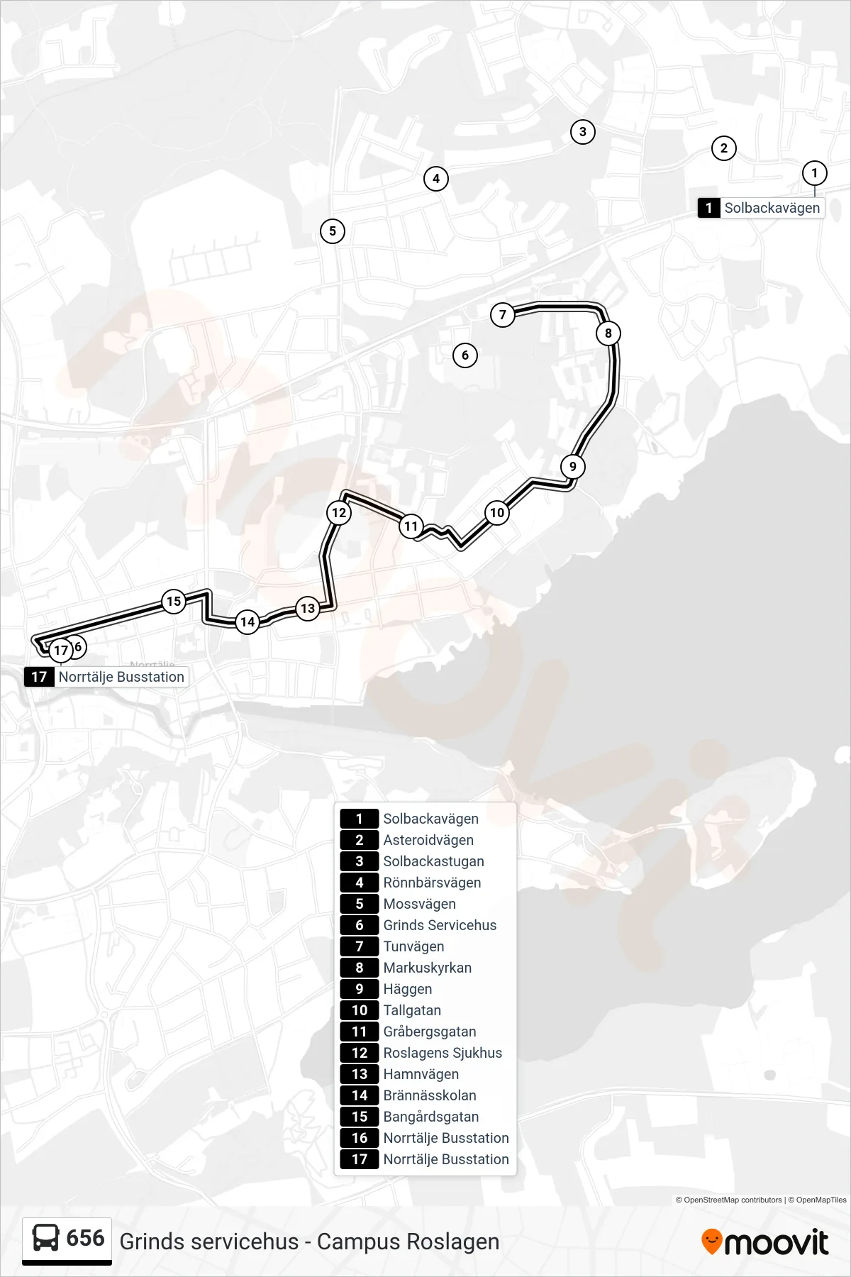 Rutt och hållplatser på karta för linje 656  buss, (Norrtälje Busstation)