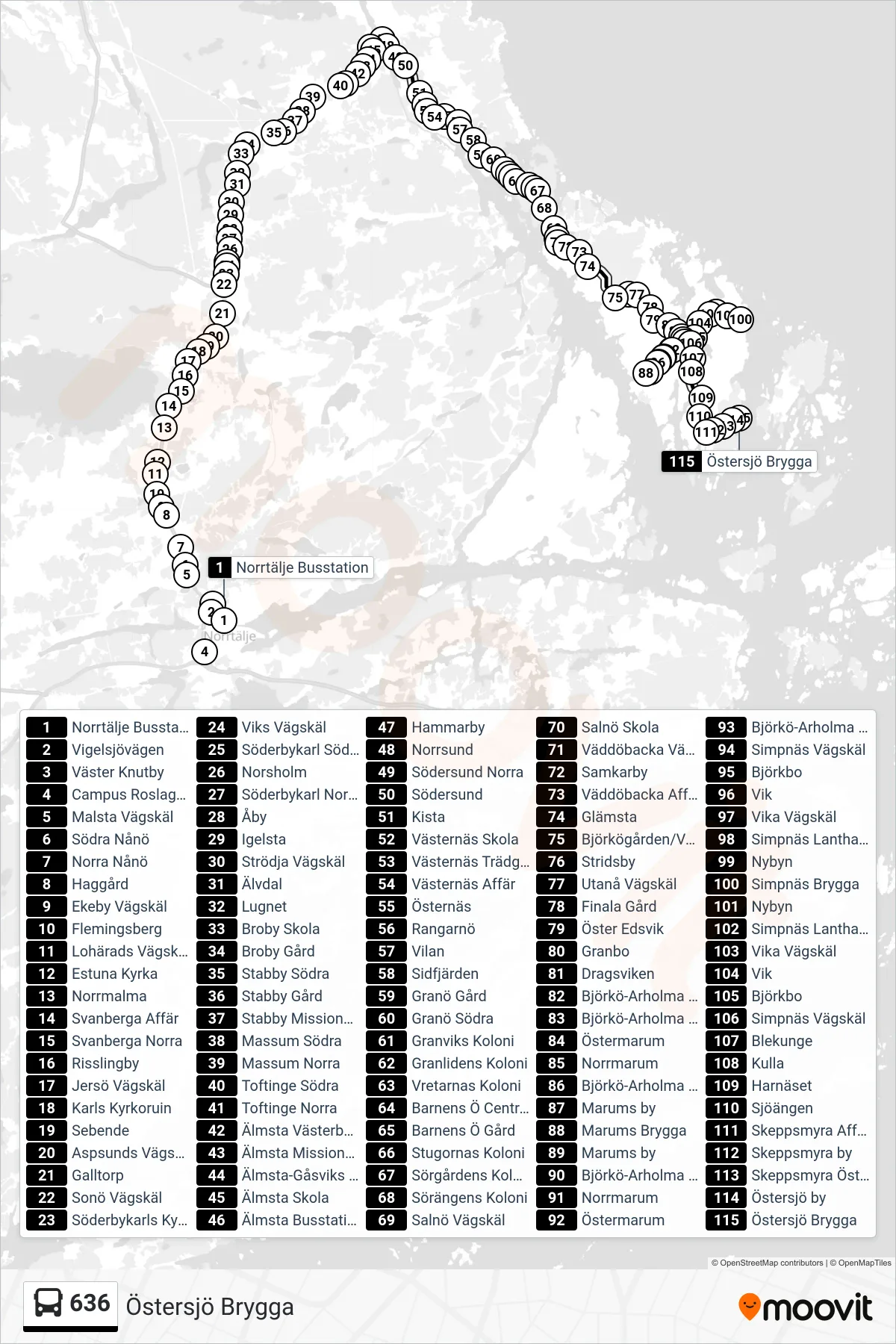 Rutt och hållplatser på karta för linje 636  buss, (Östersjö Brygga)
