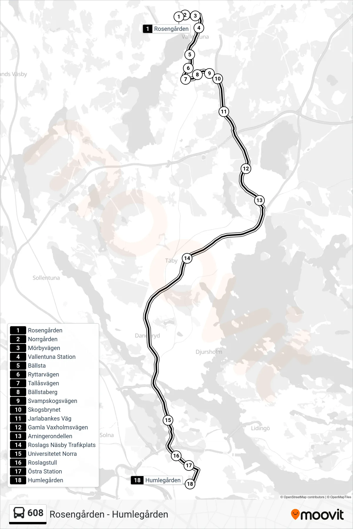 Rutt och hållplatser på karta för linje 608  buss, (Humlegården)