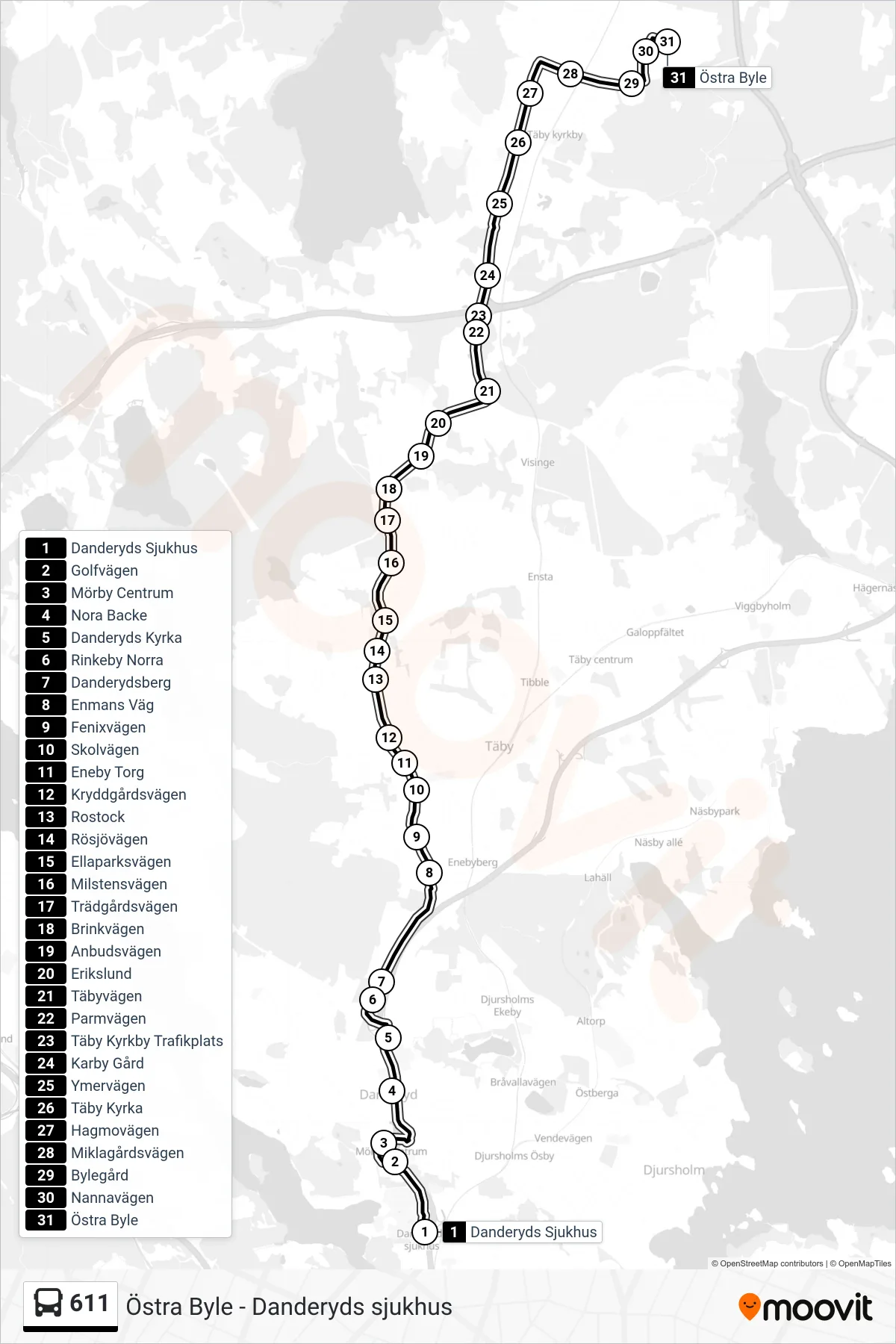 Rutt och hållplatser på karta för linje 611 buss, (Östra Byle)