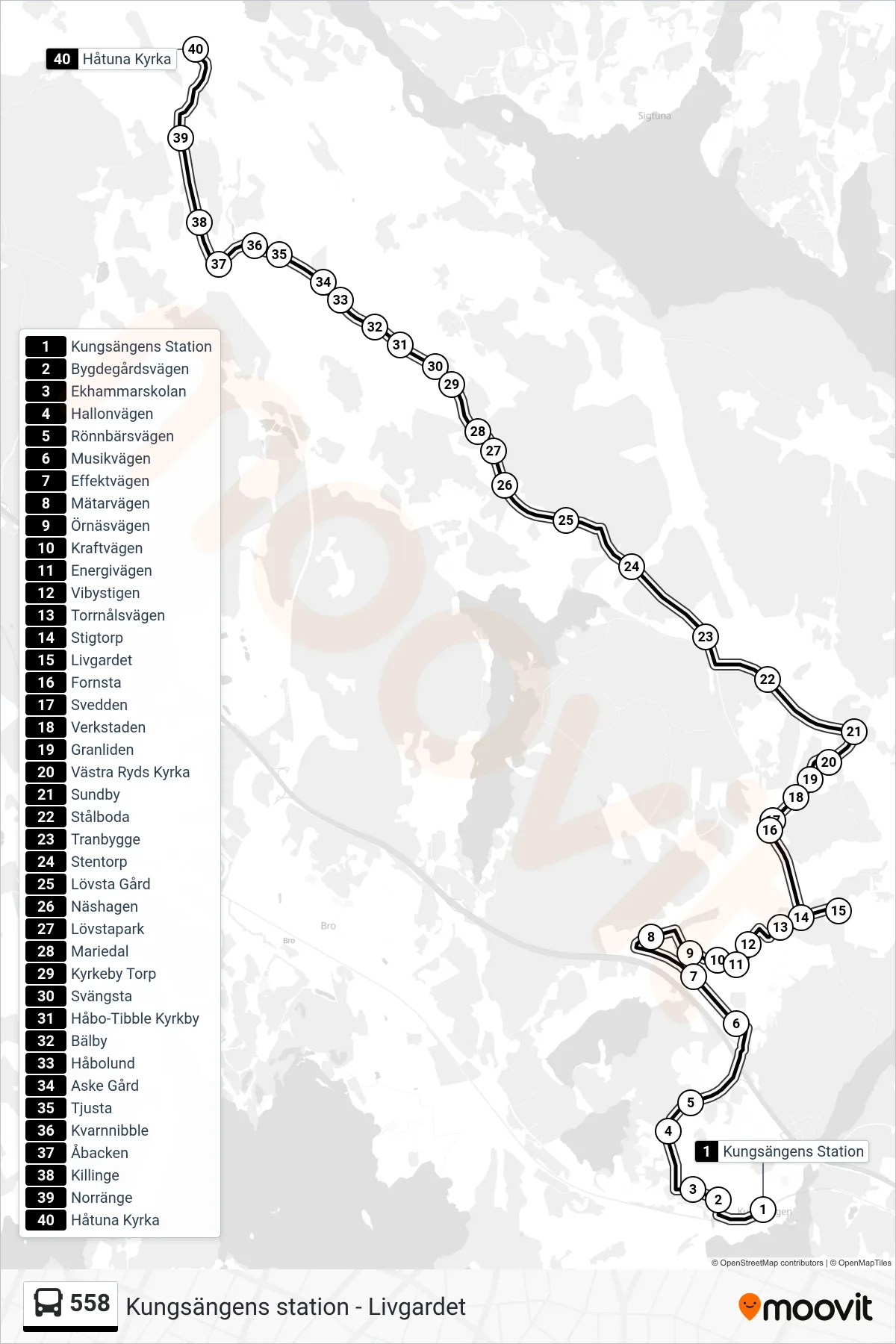 Rutt och hållplatser på karta för linje 558 buss, (Håtuna Kyrka)