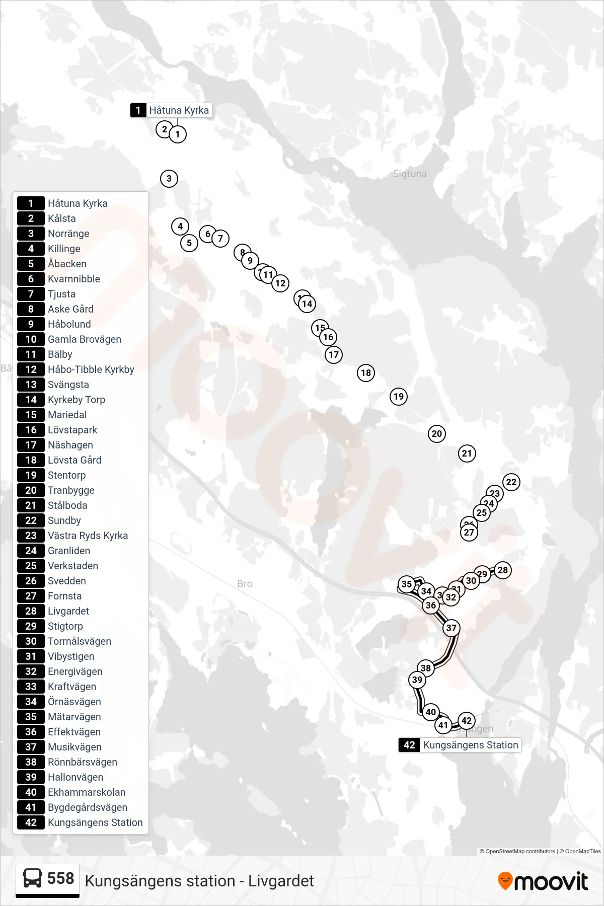 Rutt och hållplatser på karta för linje 558 buss, (Kungsängens Station)