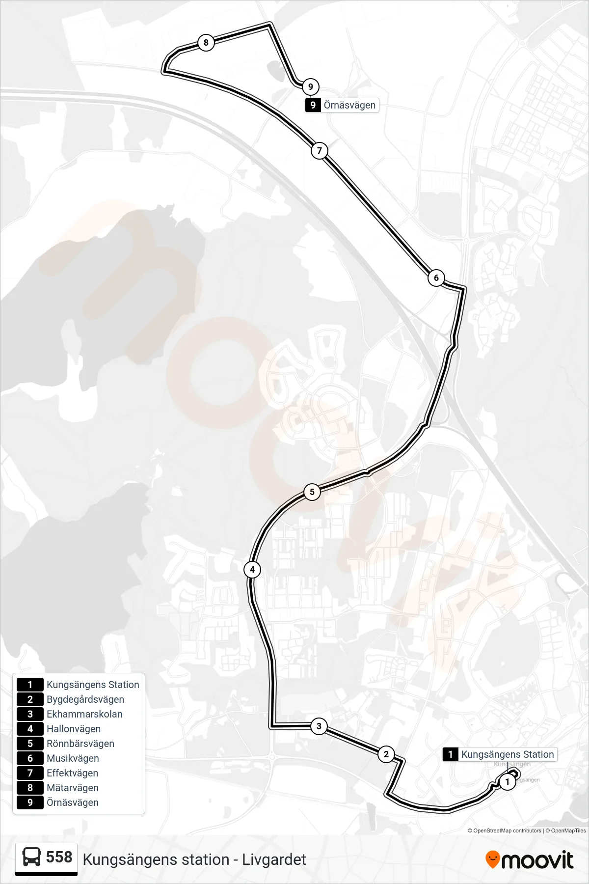 Rutt och hållplatser på karta för linje 558  buss, (Örnäsvägen)