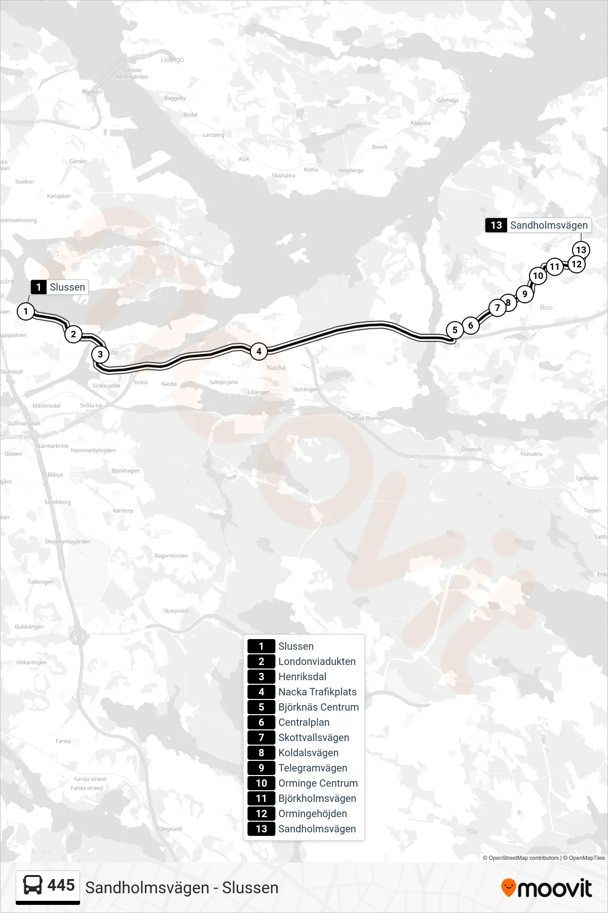 Rutt och hållplatser på karta för linje 445 buss, (Sandholmsvägen)