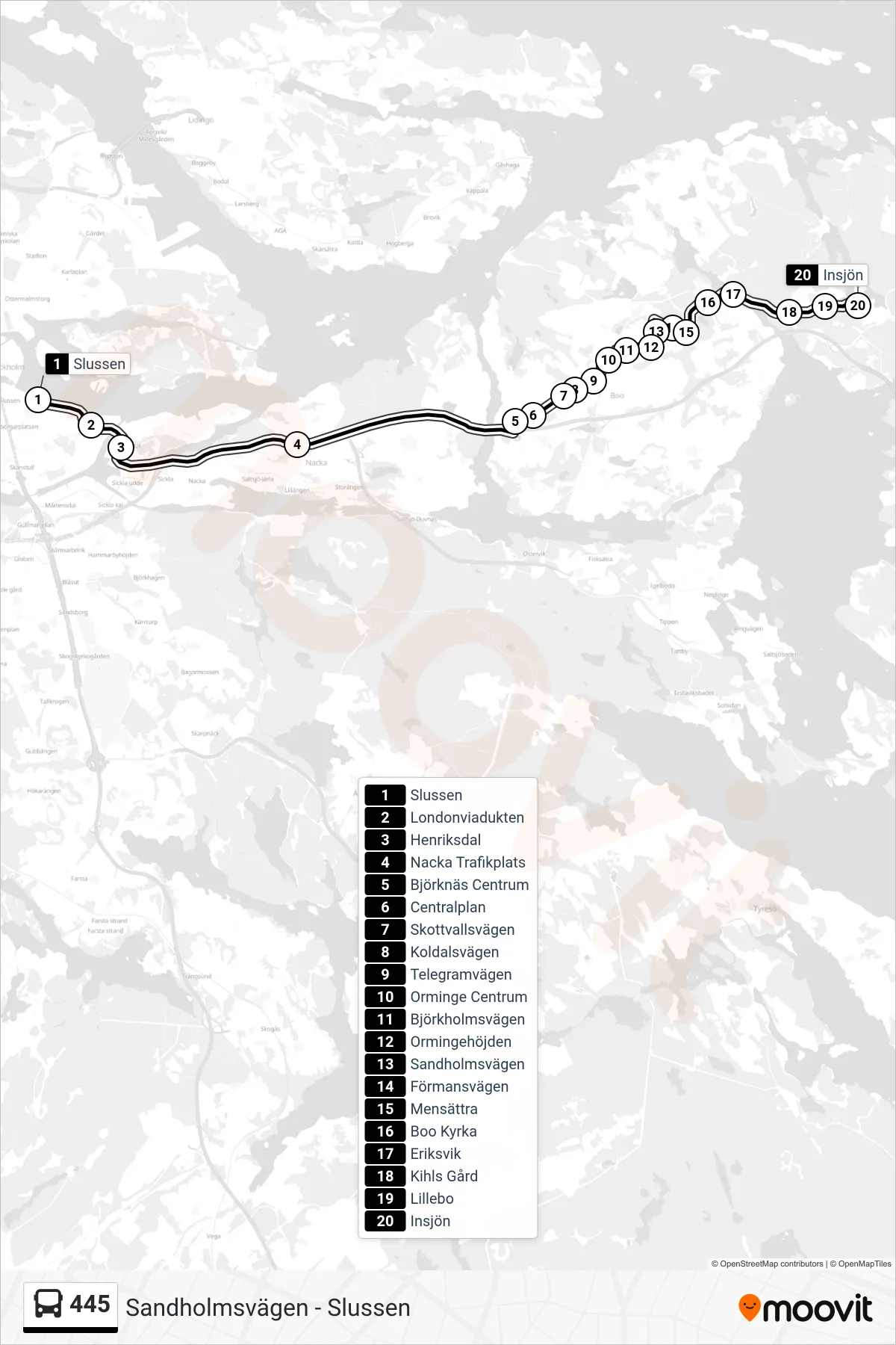 Rutt och hållplatser på karta för linje 445 buss, (Insjön)