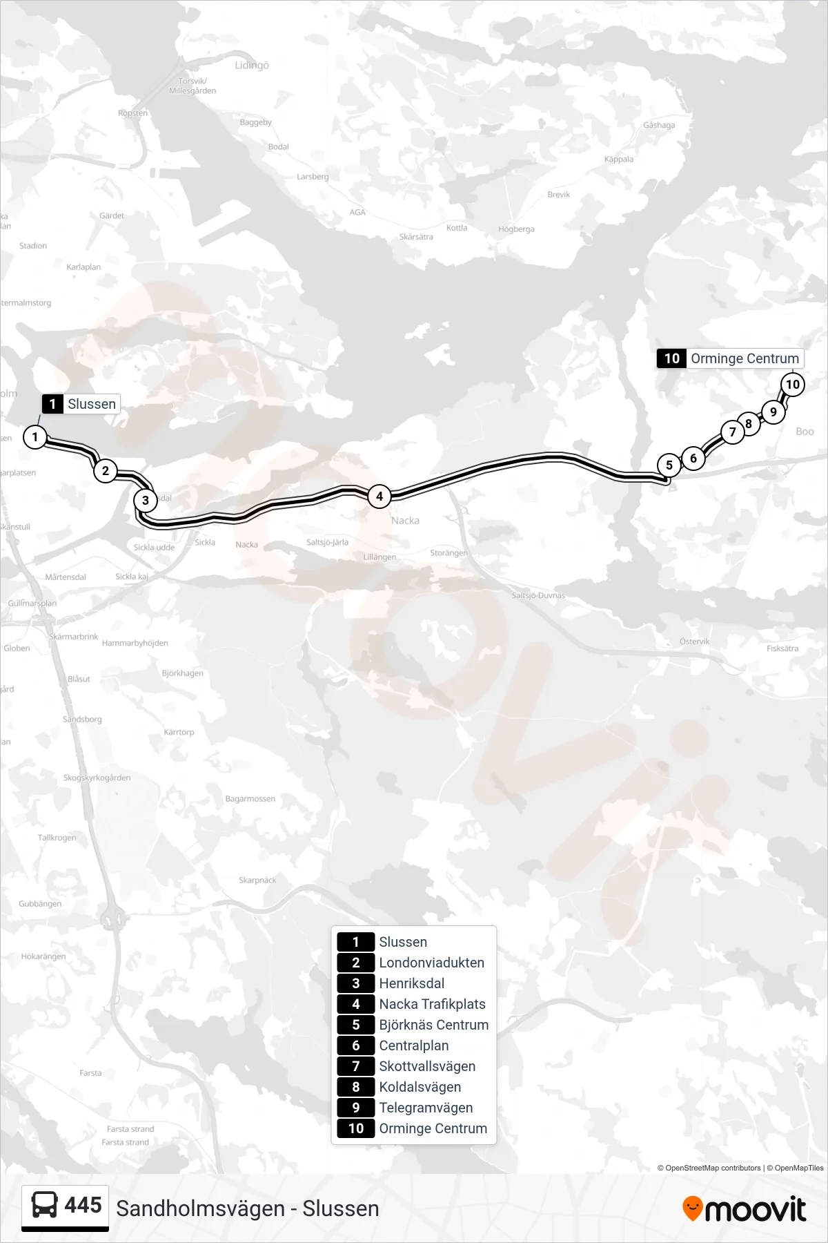 Rutt och hållplatser på karta för linje 445 buss, (Orminge Centrum)