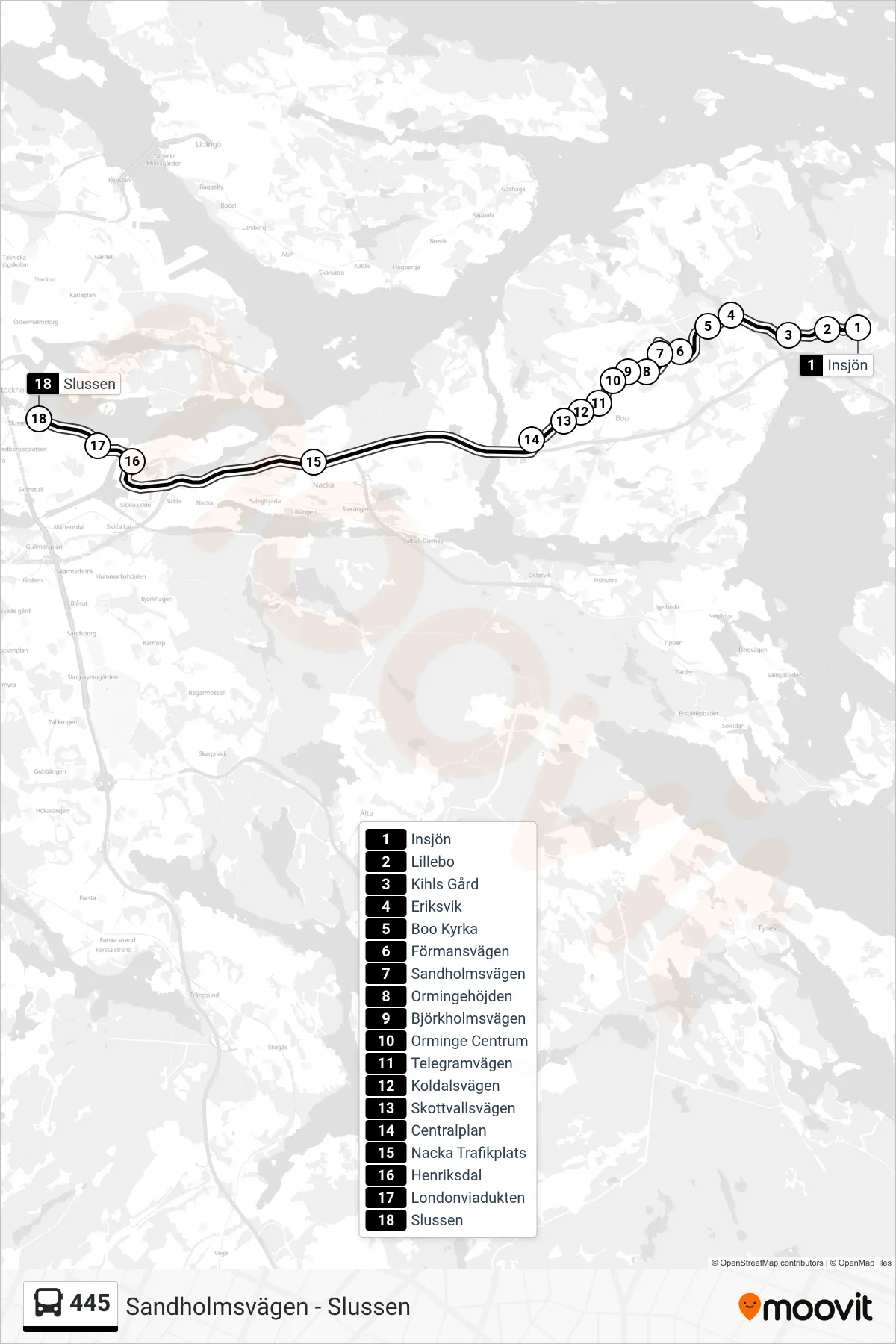 Rutt och hållplatser på karta för linje 445 buss, (Slussen)