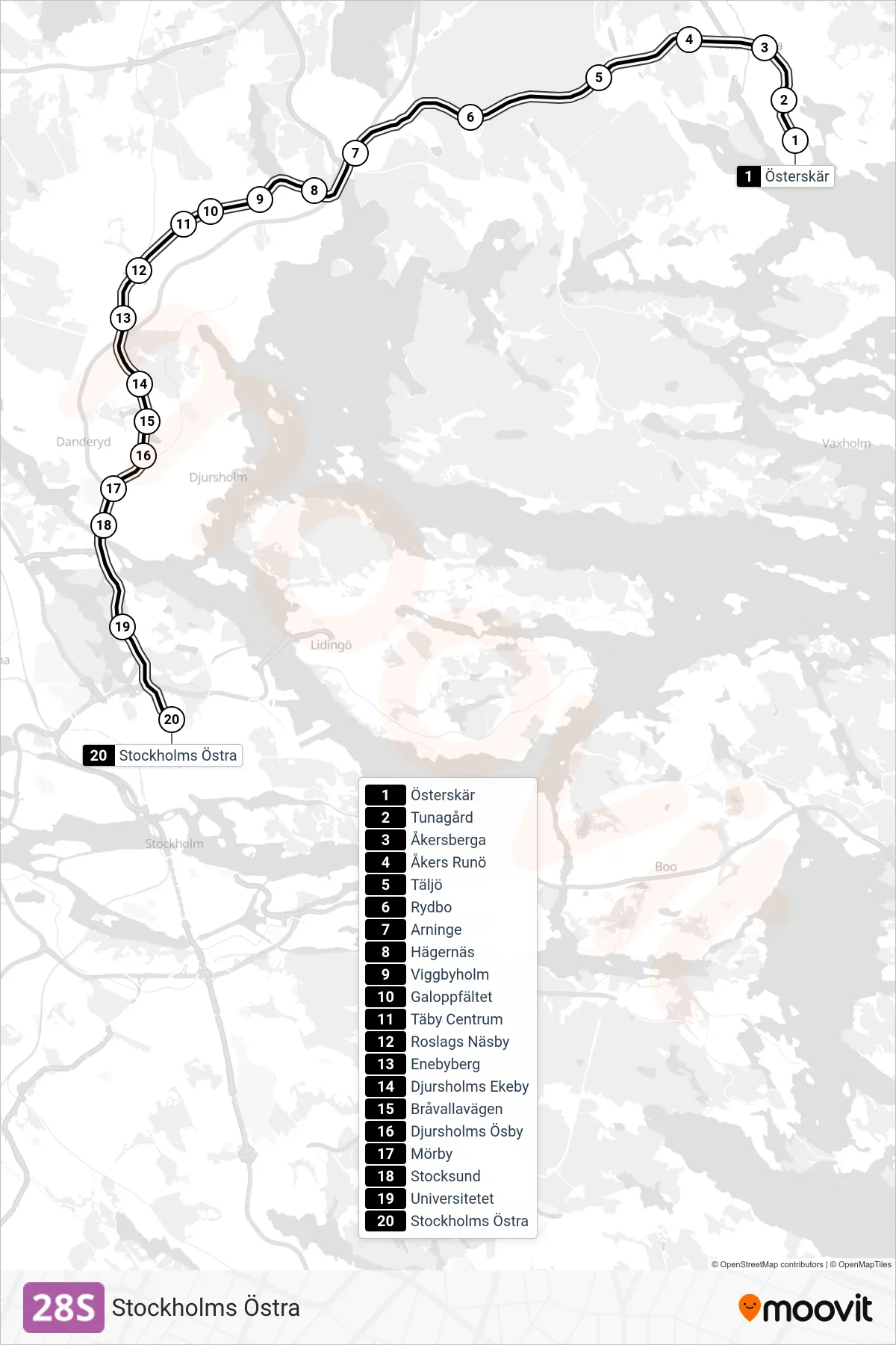 Rutt och hållplatser på karta för linje 28S spårväg, (Stockholms Östra)