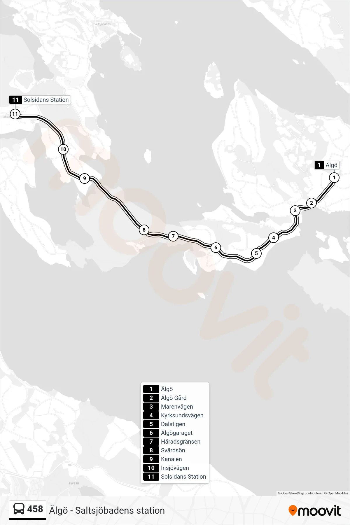 Rutt och hållplatser på karta för linje 458 buss, (Solsidans Station)