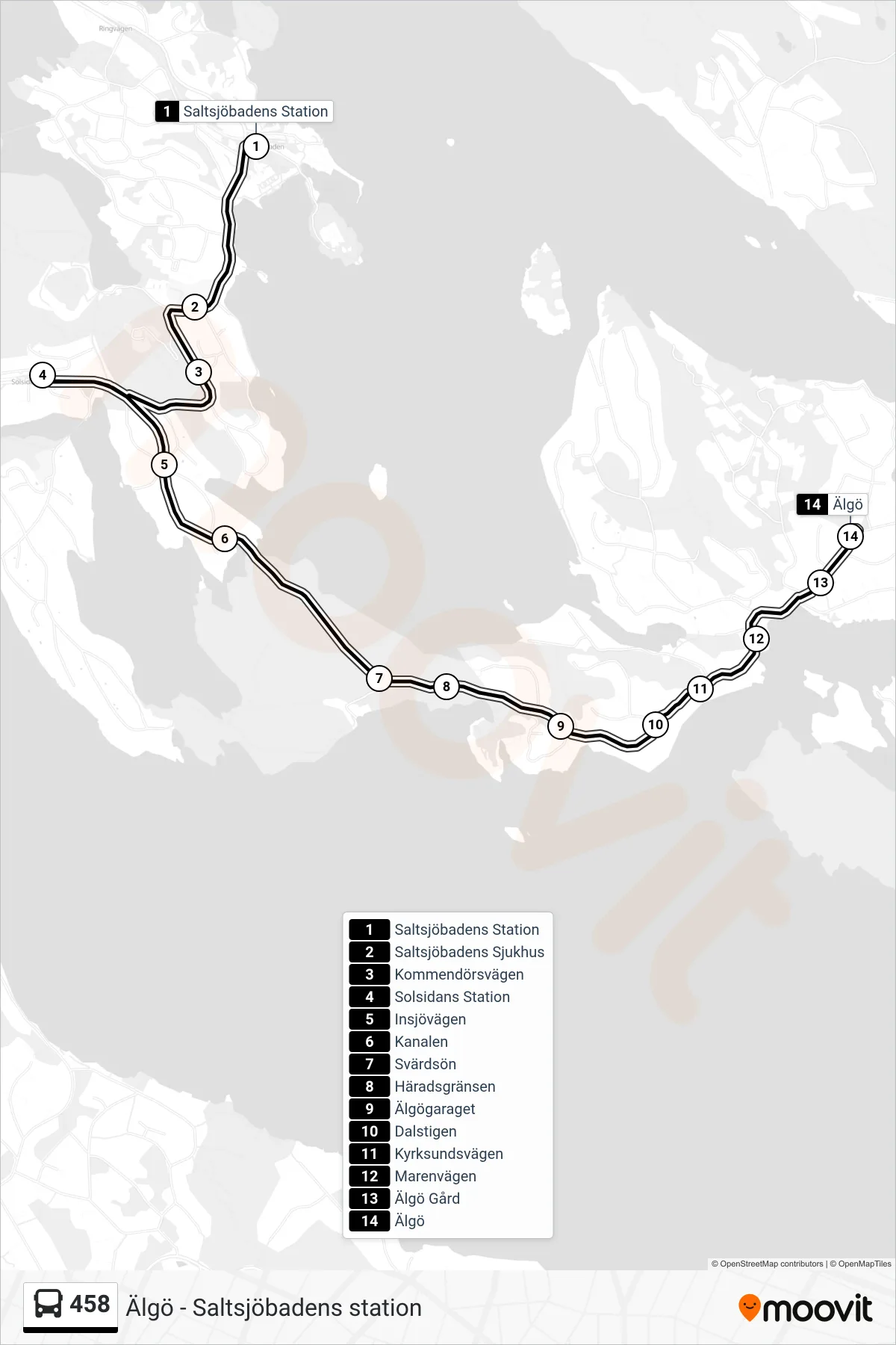 Rutt och hållplatser på karta för linje 458 buss, (Älgö)