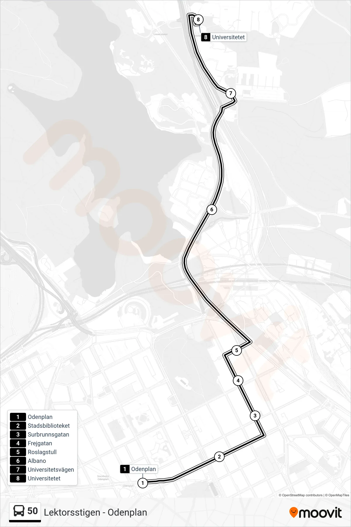 Rutt och hållplatser på karta för linje 50 buss, (Universitetet)