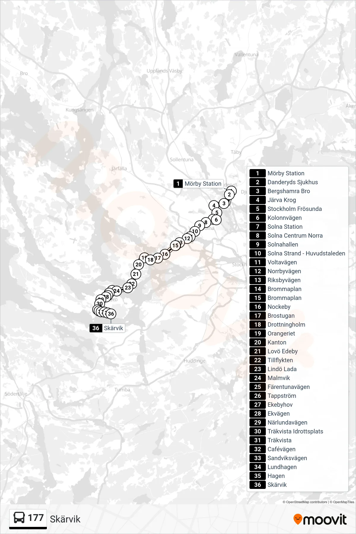 Rutt och hållplatser på karta för linje 177 buss, (Skärvik)