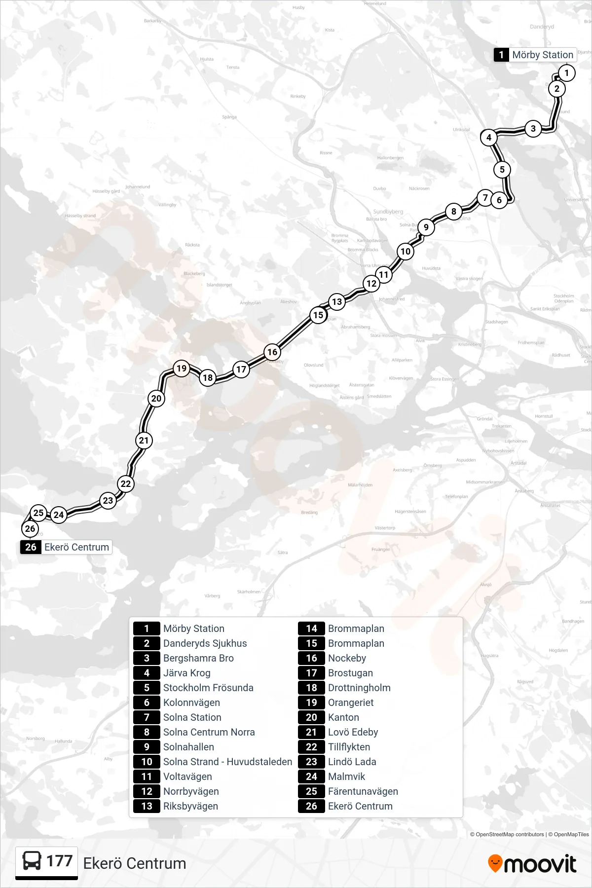 Rutt och hållplatser på karta för linje 177 buss, (Ekerö Centrum)