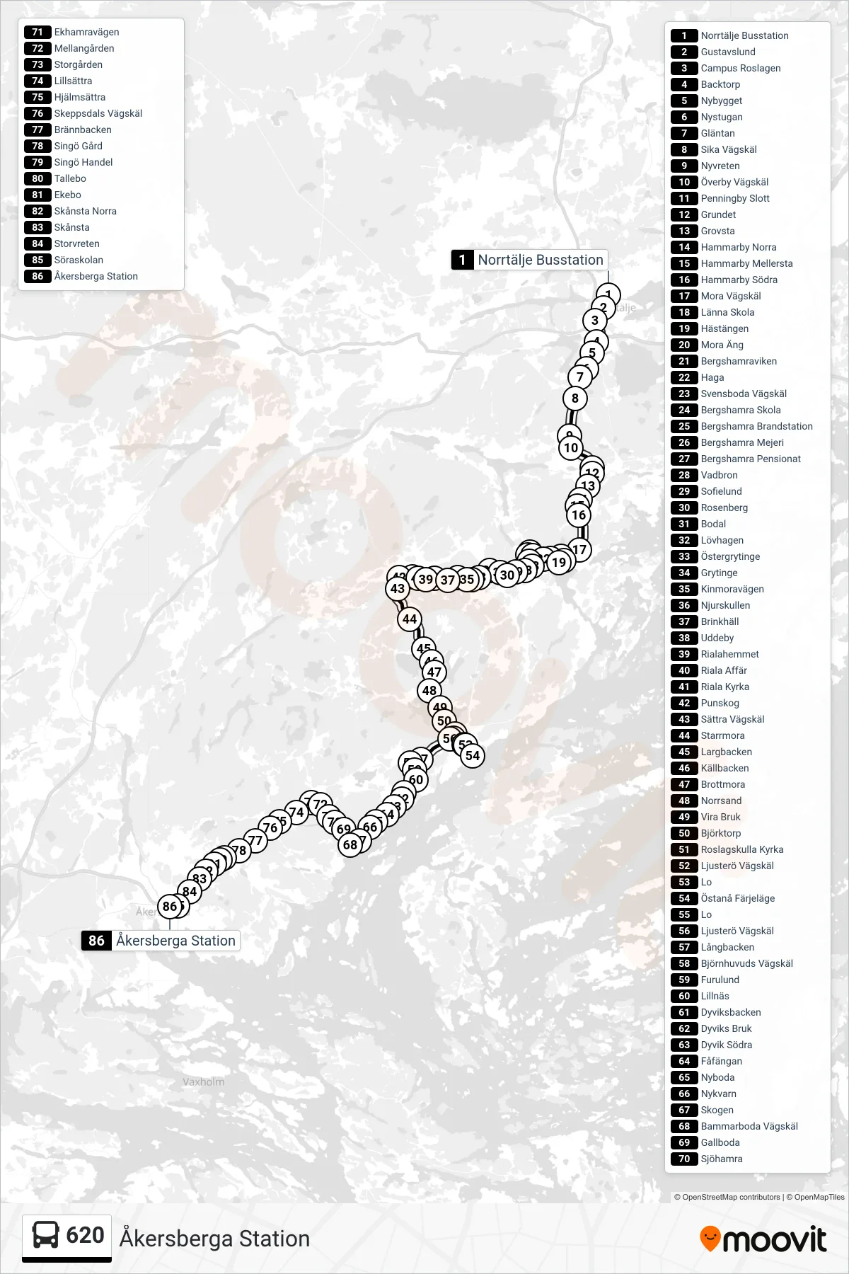 Rutt och hållplatser på karta för linje 620 buss, (Åkersberga Station)