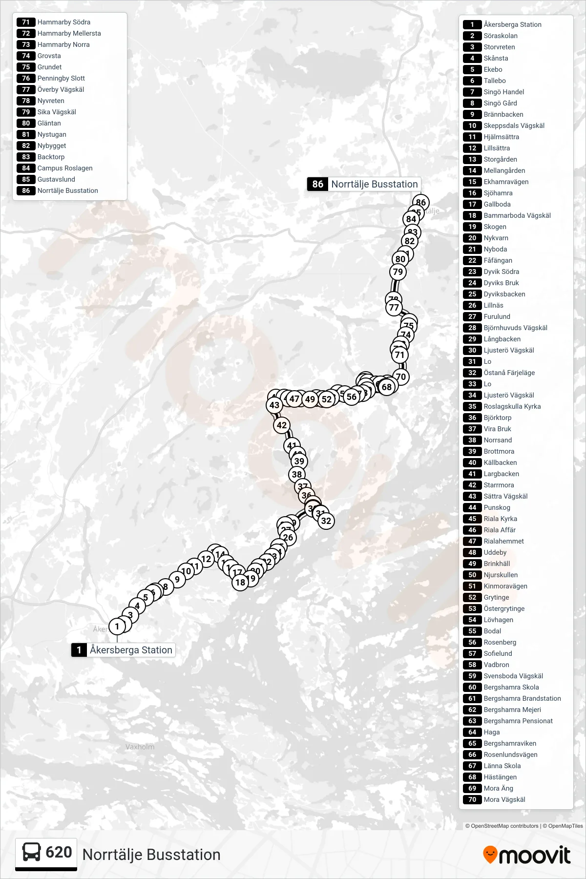 Rutt och hållplatser på karta för linje 620  buss, (Norrtälje Busstation)