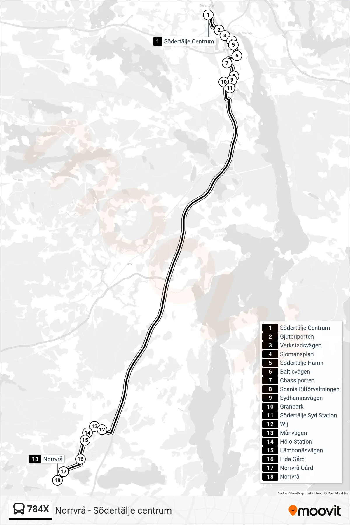 Rutt och hållplatser på karta för linje 784X  buss, (Norrvrå)