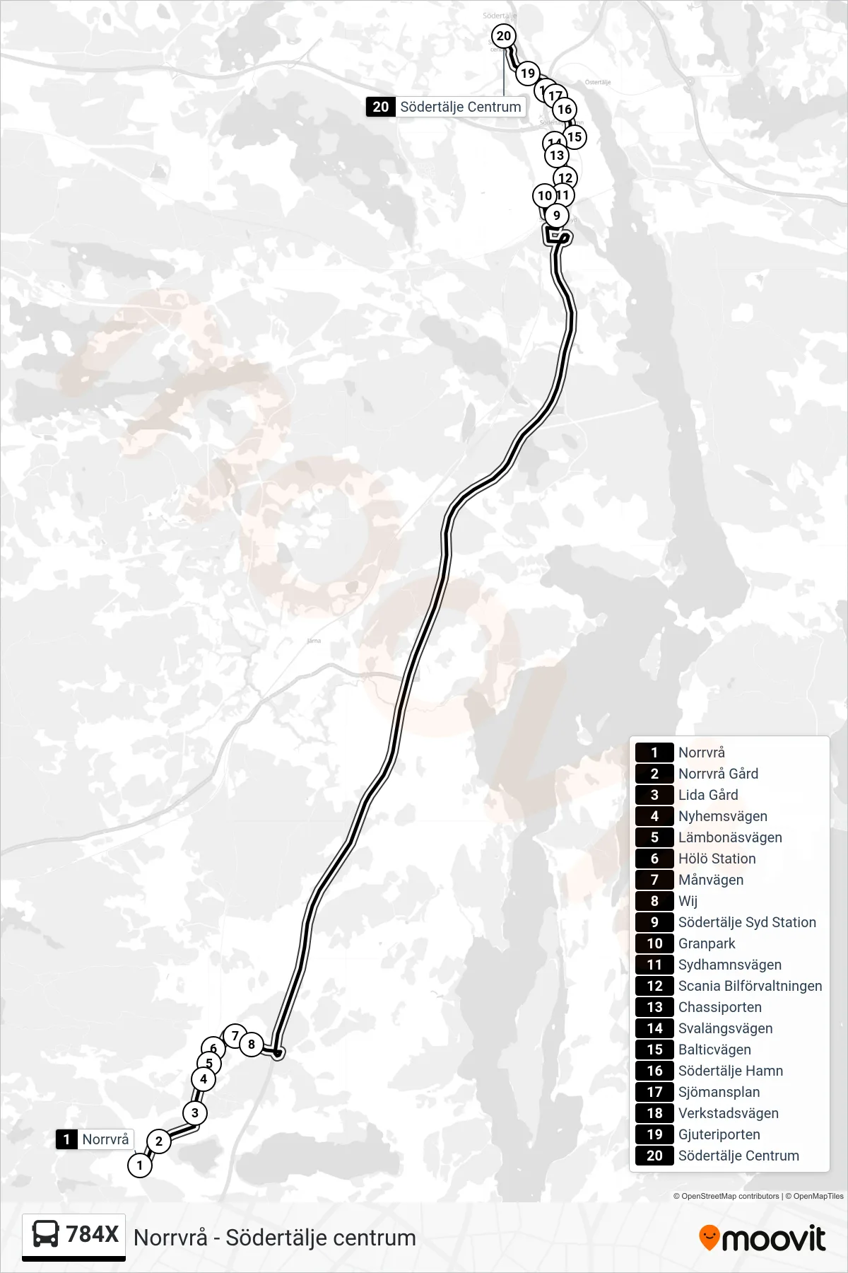 Rutt och hållplatser på karta för linje 784X buss, (Södertälje Centrum)