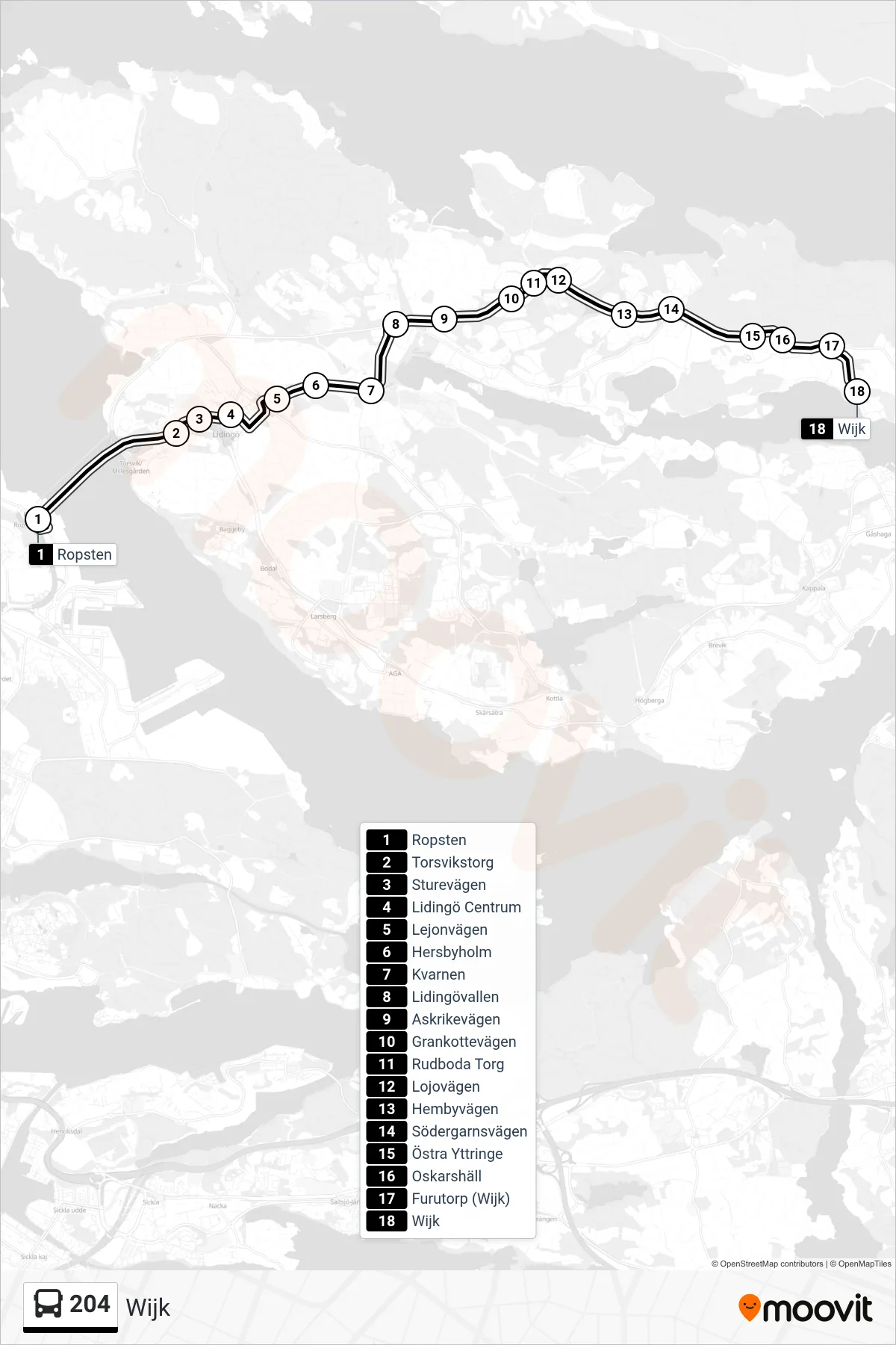 Rutt och hållplatser på karta för linje 204 buss, (Wijk)