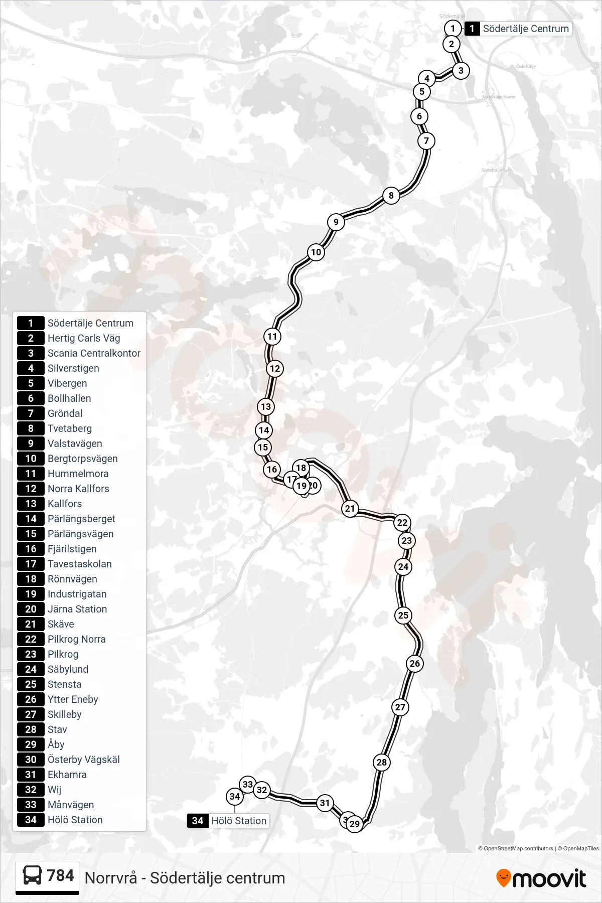 Rutt och hållplatser på karta för linje 784 buss, (Hölö Station)