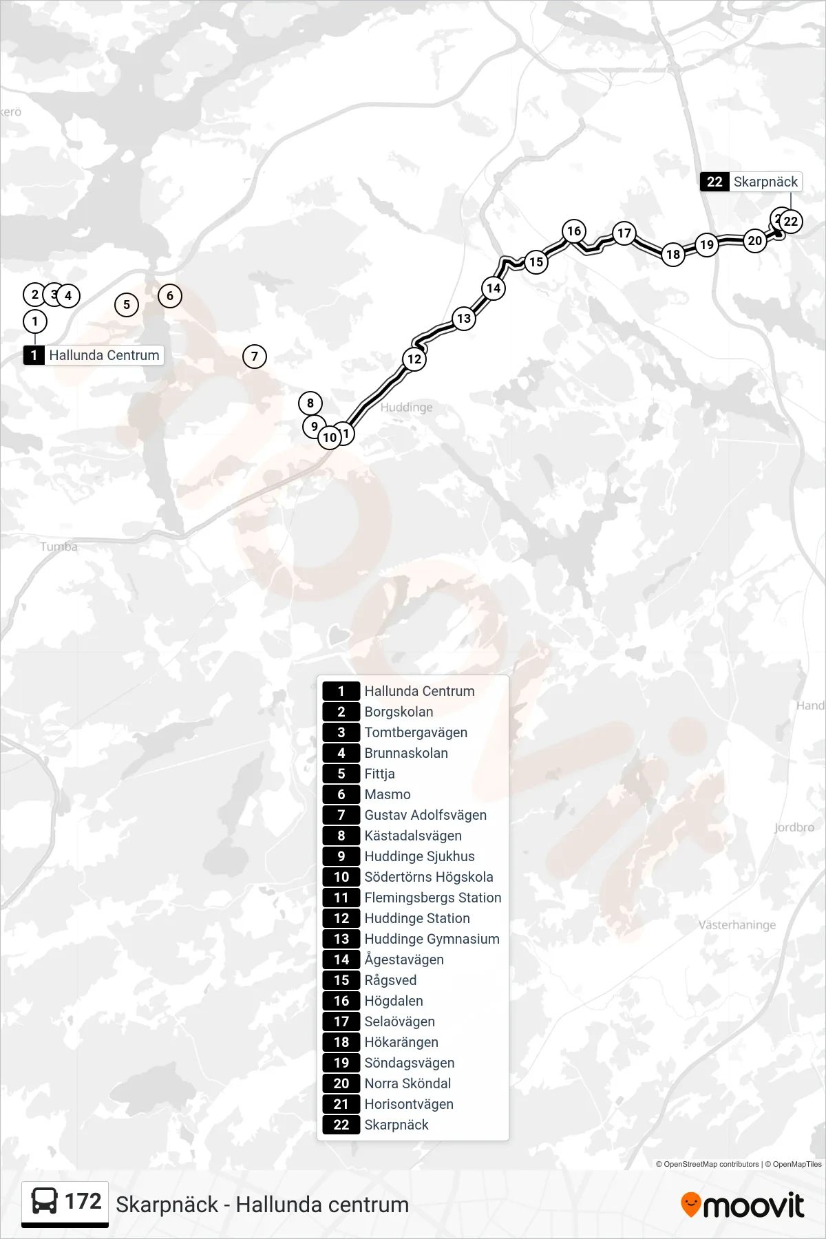 Rutt och hållplatser på karta för linje 172  buss, (Skarpnäck)