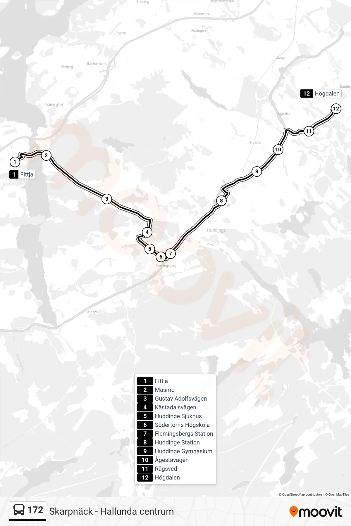 Rutt och hållplatser på karta för linje 172 buss, (Högdalen)