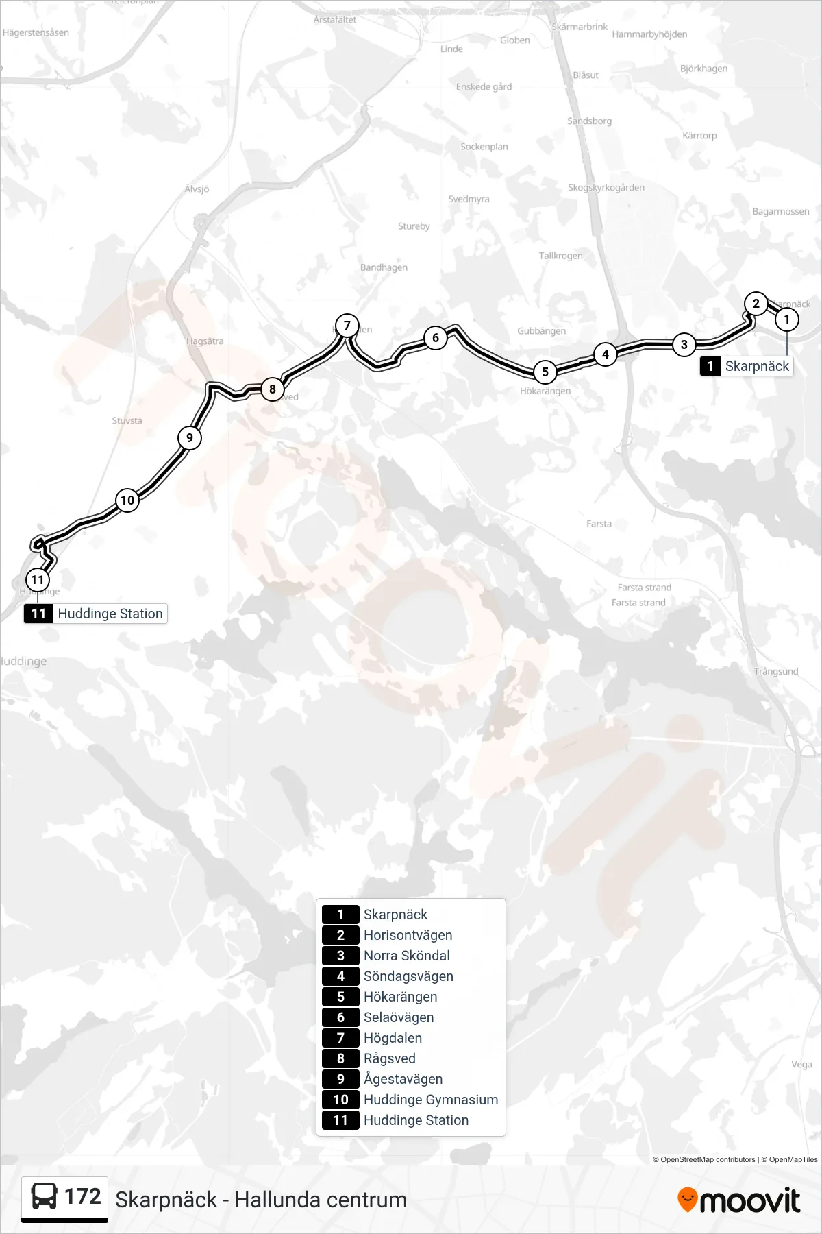Rutt och hållplatser på karta för linje 172  buss, (Huddinge Station)