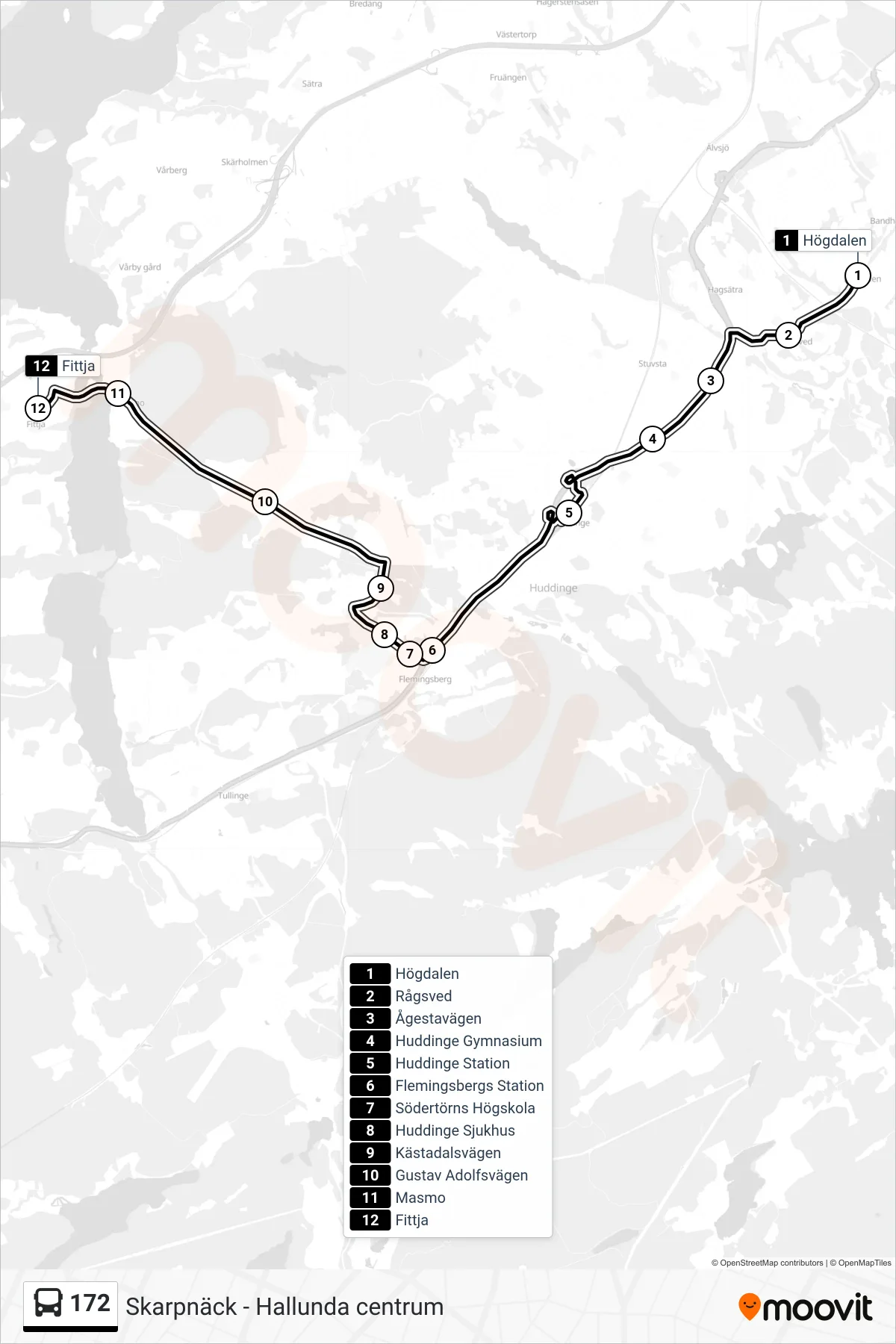 Rutt och hållplatser på karta för linje 172 buss, (Fittja)