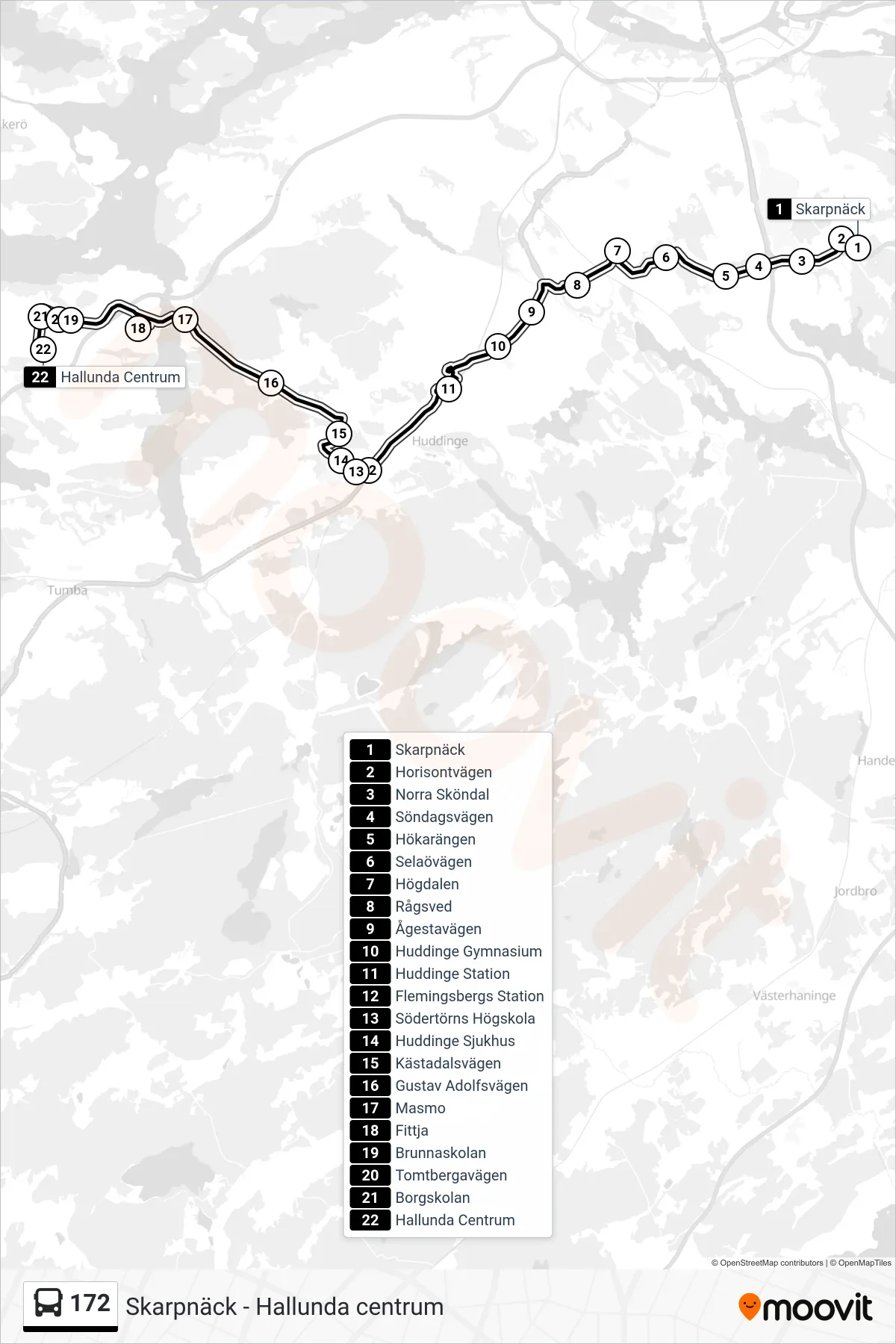 Rutt och hållplatser på karta för linje 172  buss, (Hallunda Centrum)