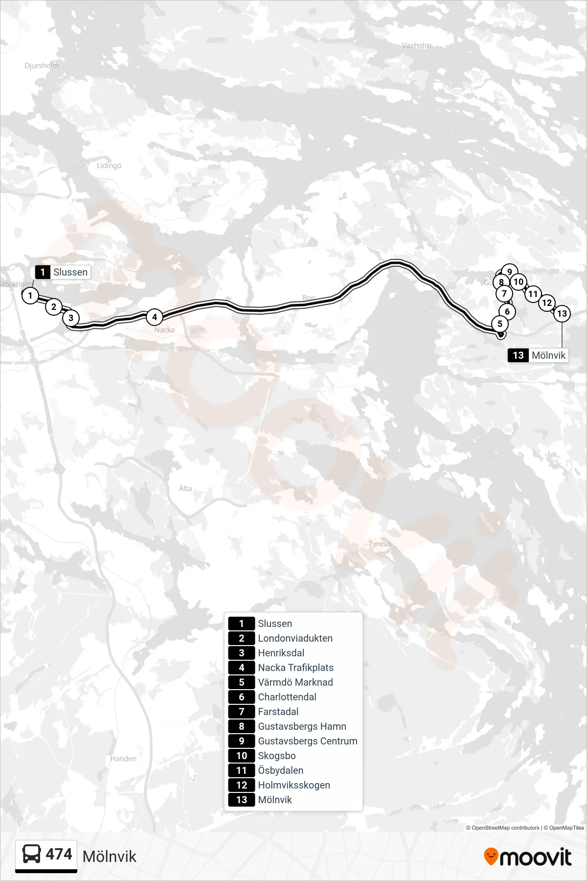 Rutt och hållplatser på karta för linje 474 buss, (Mölnvik)