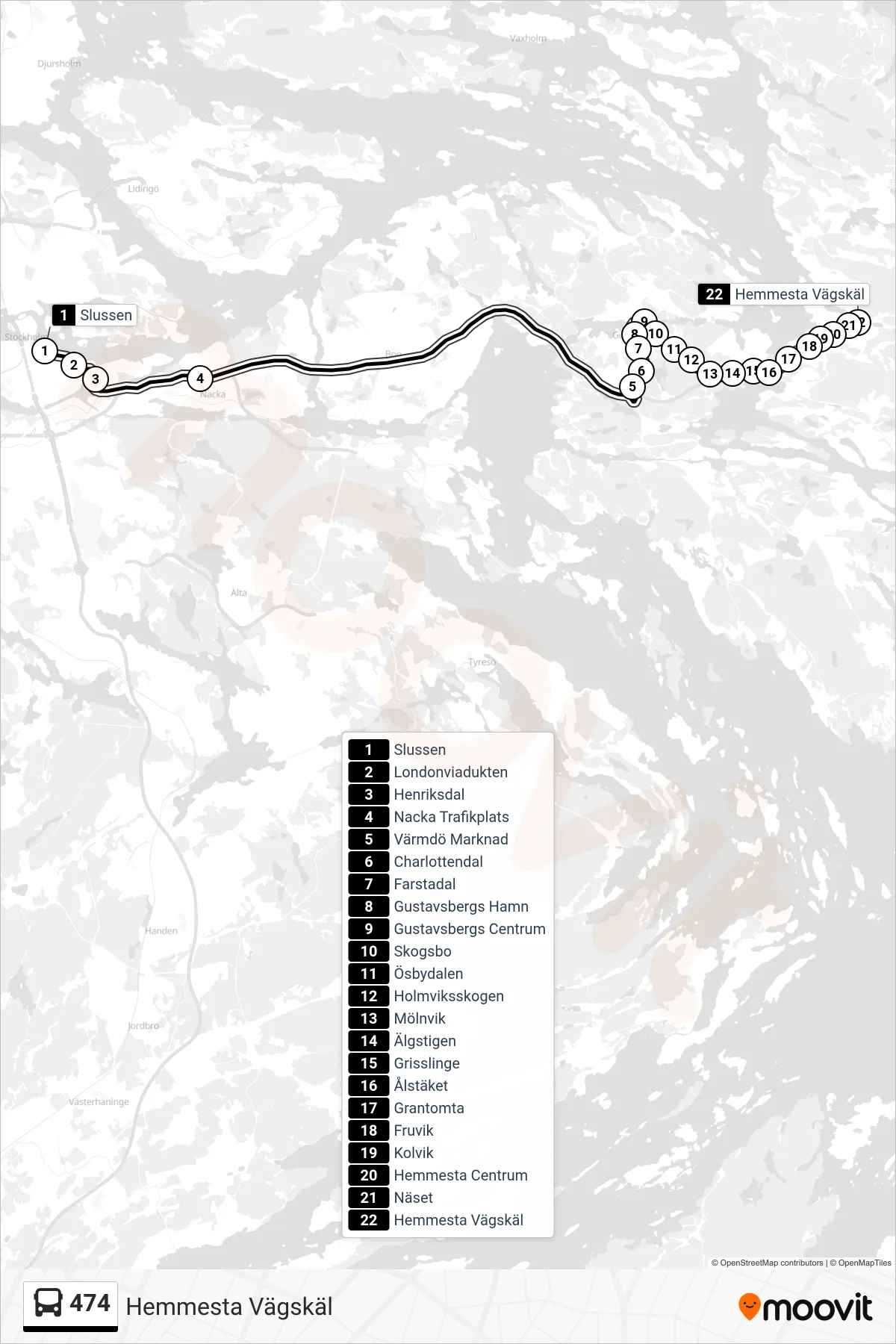 Rutt och hållplatser på karta för linje 474  buss, (Hemmesta Vägskäl)