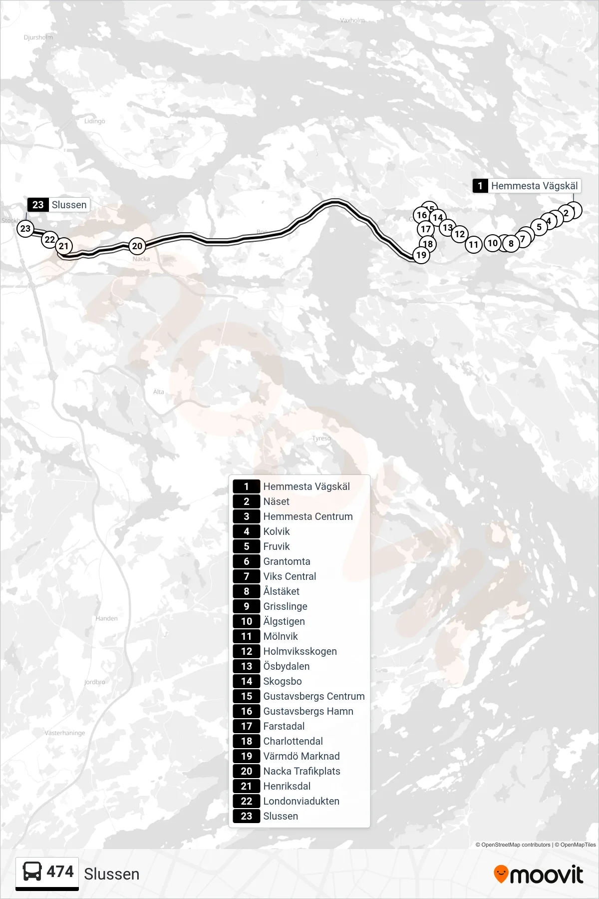Rutt och hållplatser på karta för linje 474 buss, (Slussen)